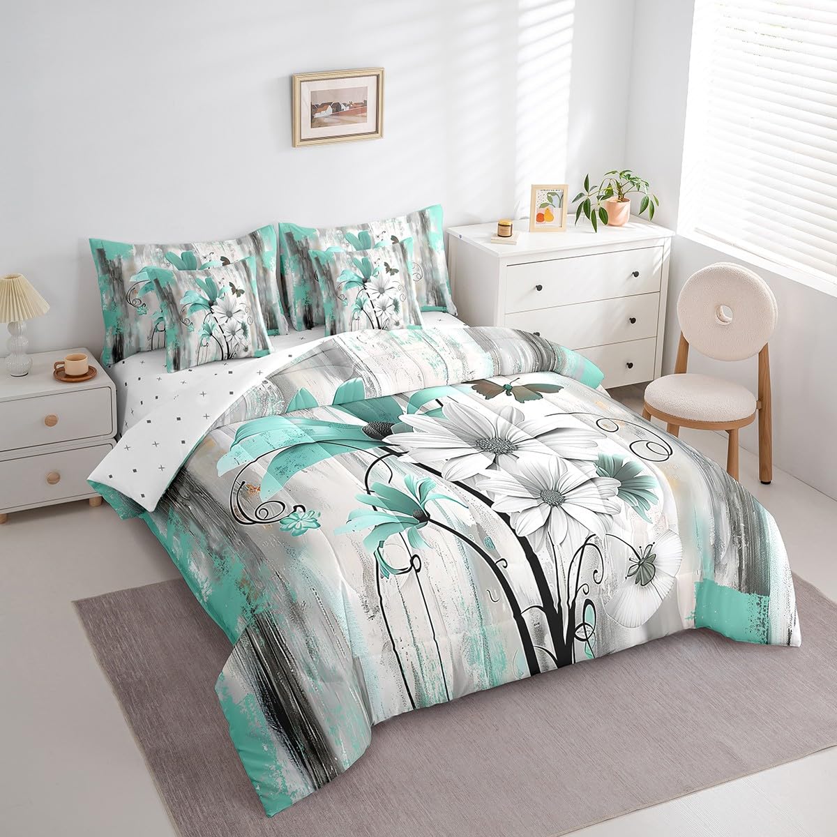 Feelyou Floral Bedding Set King Size - 7-Piece Boho Comforter Set With Butterfly & Flower Design