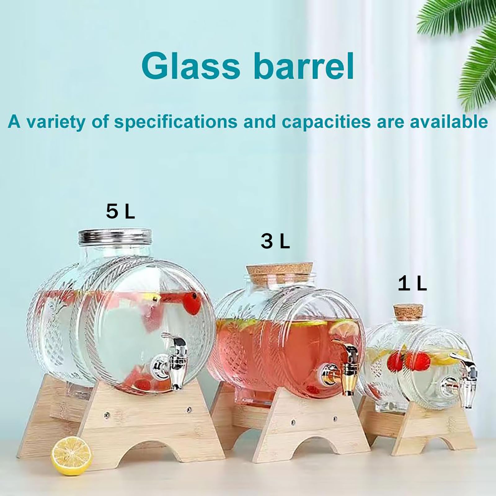 Dispensador de bebidas de vidrio con espiga y soporte de madera, 1L/3L/5L para un fácil llenado, dispensador de bebidas ideal para fiestas y uso diario, diseño de boca ancha