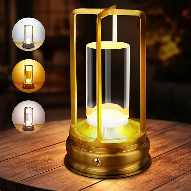 Lampe de table sans fil - 1 paquet, lampe LED rechargeable fonctionnant sur batterie de 2000mAh avec gradation continue à 3 couleurs, contrôle tactile, pour salle à manger, chambre, bar, restaurant, patio et camping, or
