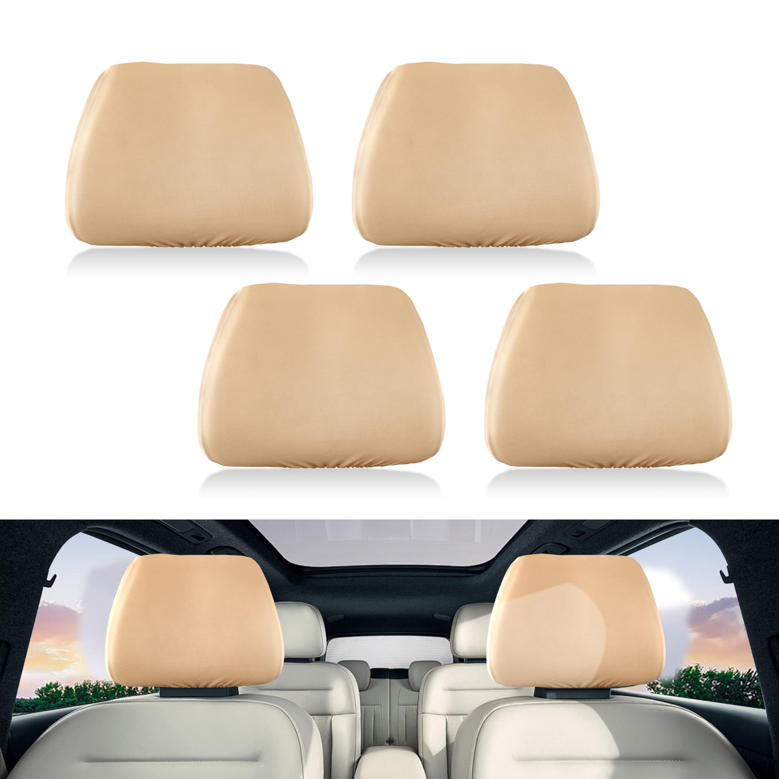 Heveer Auto Kopfstützenbezüge Waschbar Kopfstützen Bezug Staubdicht Kopfstützenschutz Abdeckung Universal für LKW Bus Reisebus Auto 4 Stück Cremefarben