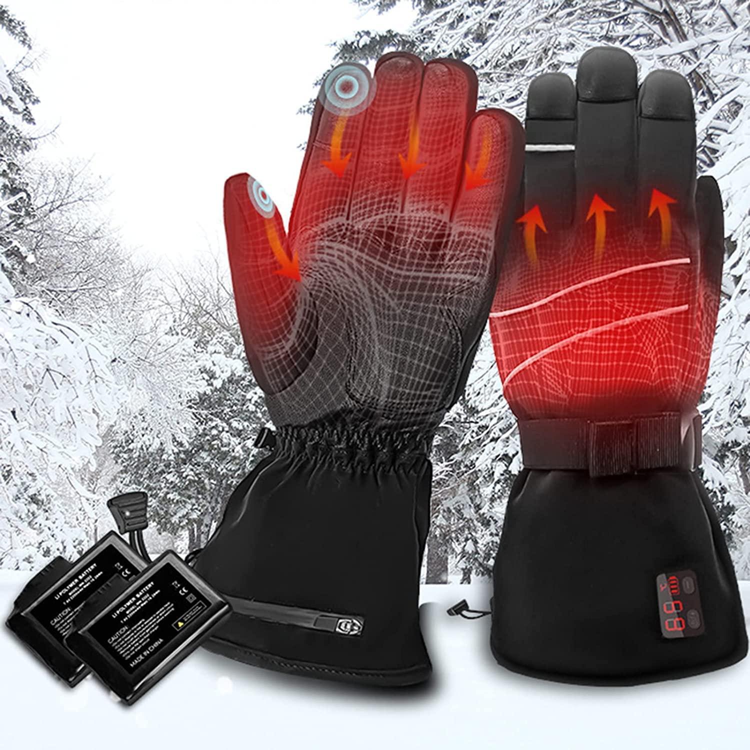 CHEWYNP Guanti Riscaldati Elettrici per Uomo/Donna, Guanti per Bici Elettriche Riscaldamento a Batteria Guanti Antivento Touch Screen Invernali Caldi con Display a LED Funzione per Motori