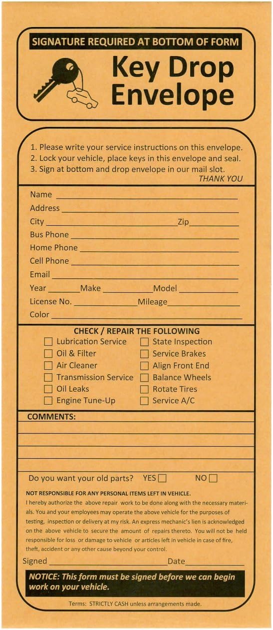 100 Night Drop Key Envelopes - Auto Repair Shops and Mechanics Gummed