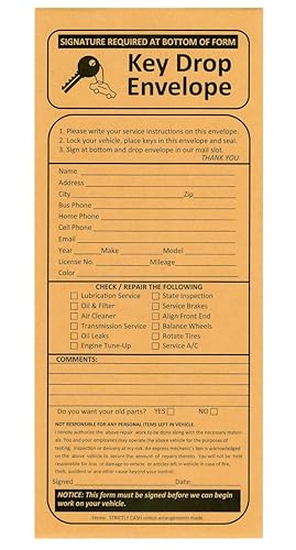 100 Night Drop Key Envelopes - Auto Repair Shops and