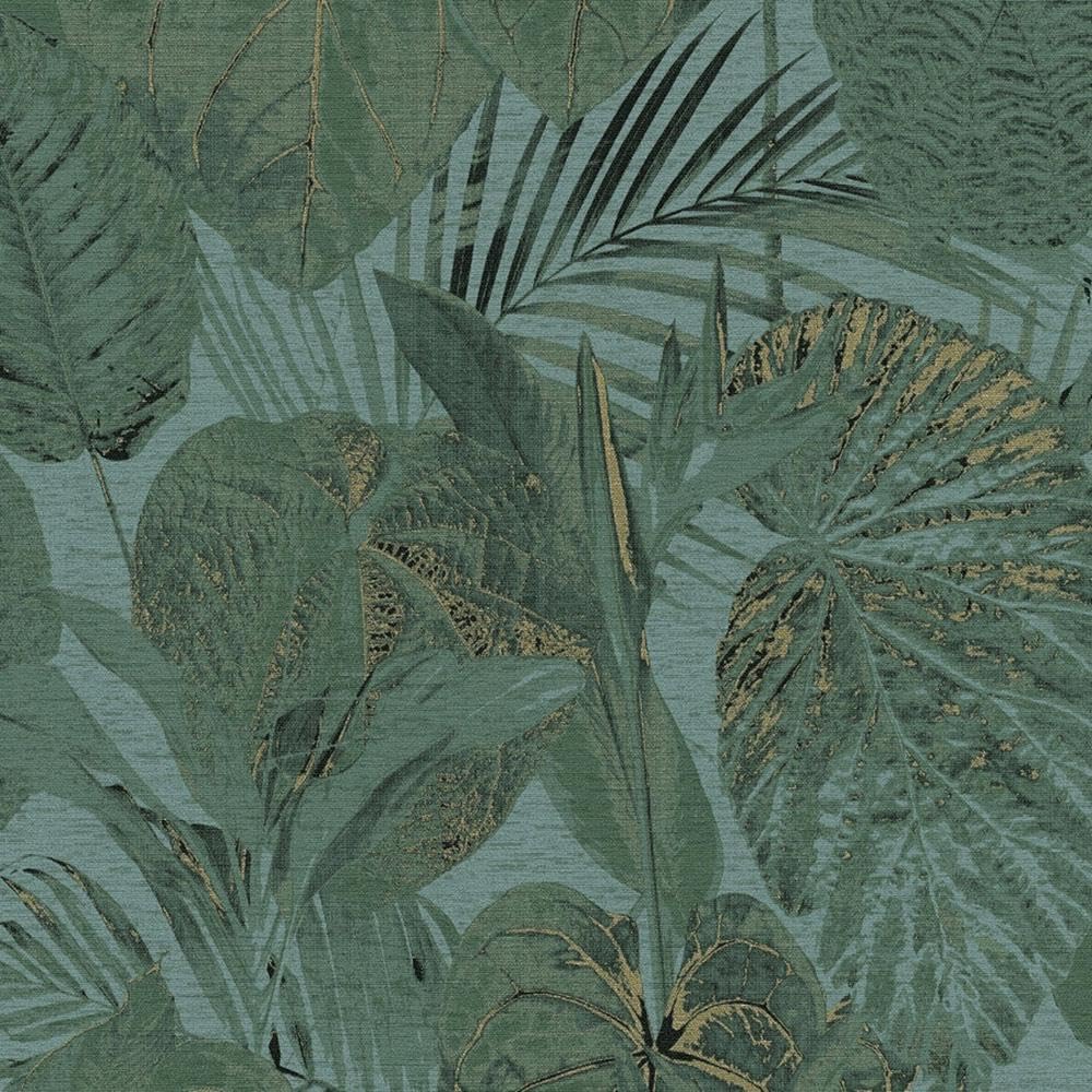 Tropical Leaves Green Wallpaper - Metallic Gold Effect Modern Contemporary - Textured Paste The Wall Vinyl