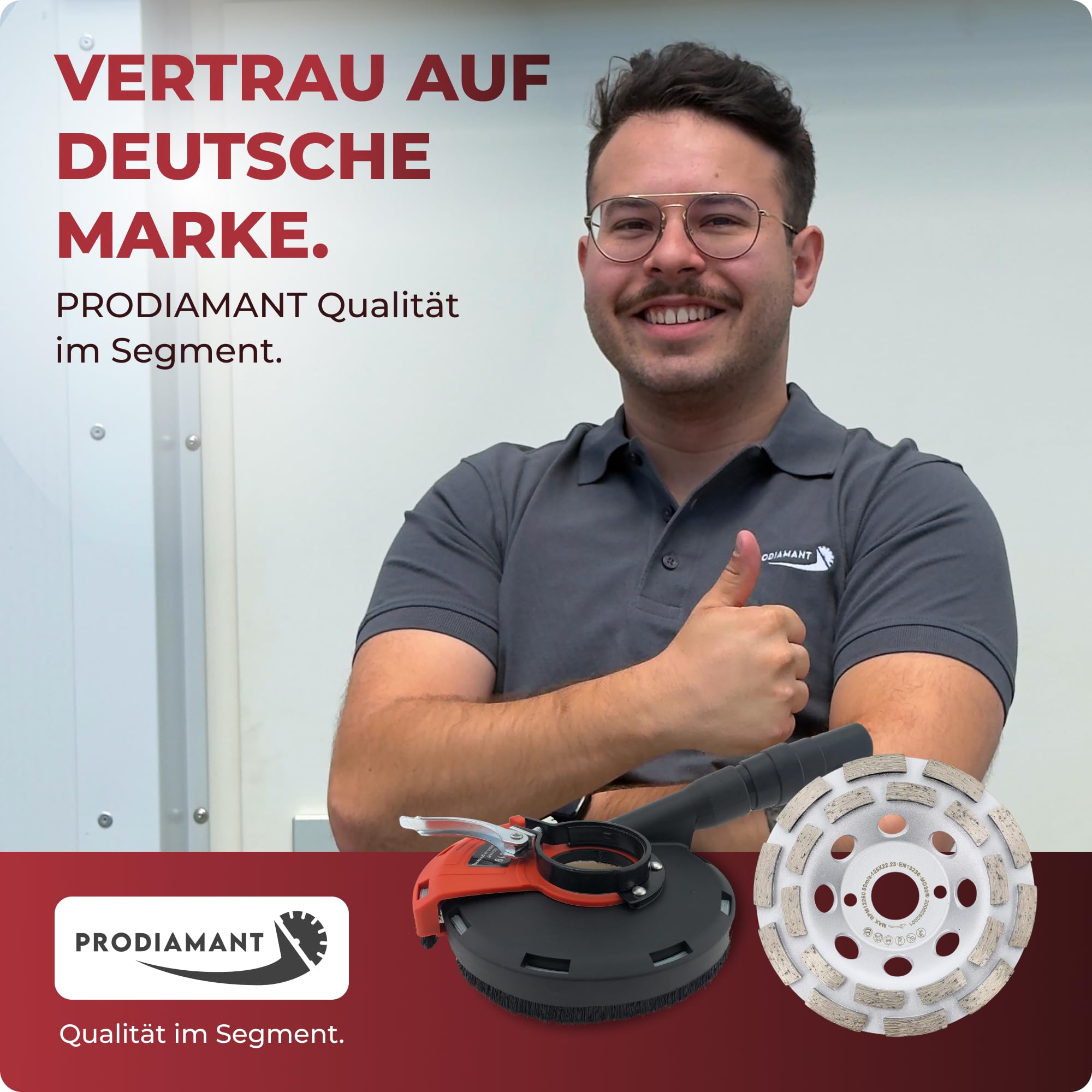 PRODIAMANT® Absaughaube für Winkelschleifer [INKL. ADAPTERRINGE, SPANNSCHLÜSSEL & STAUBSAUGERADAPTER] - mit Bürstenkranz - Staubfreies Arbeiten - Premium-Werkzeug mit Diamant-Schleiftopf - 125mm