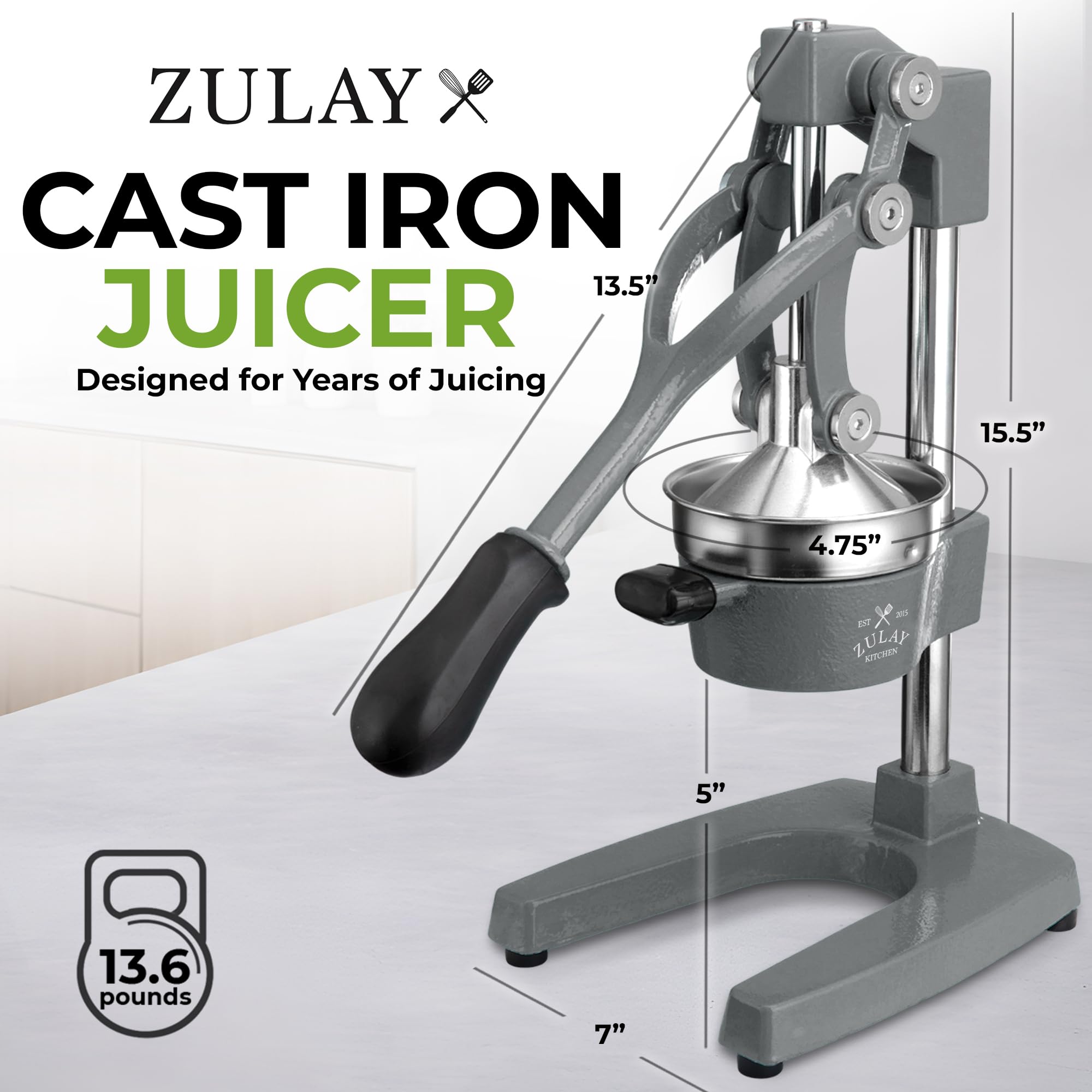 Zulay Kitchen Presse-agrumes Manuelle en Fonte, Presse de Jus Presse d'Oranges Manuelle pour Agrumes, Robuste Presse de Fruits en Acier Inoxydable, Extracteur de Jus en Fonte, Entsafter Manuel pour