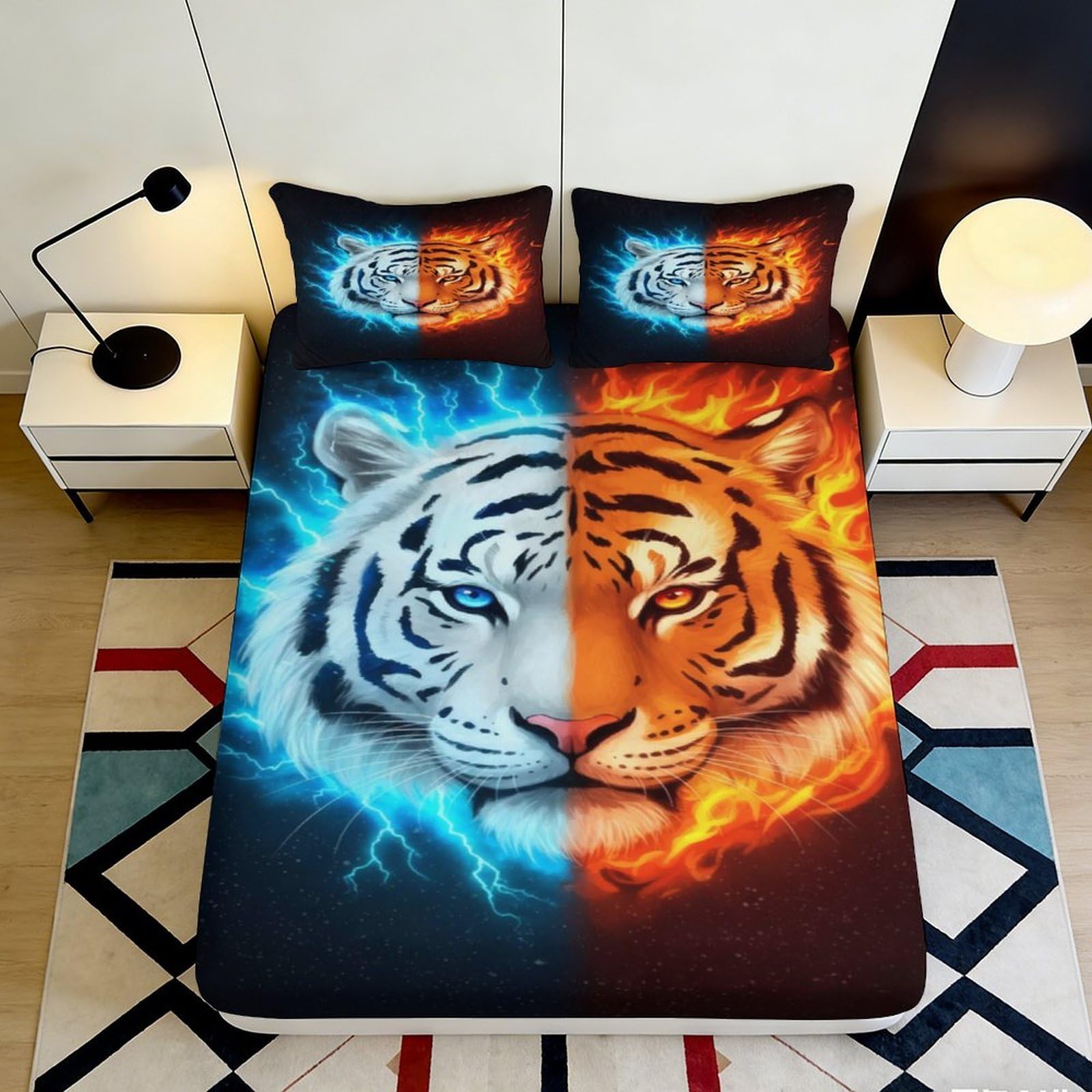 3D Printed Fire Tiger Fitted Sheet Microfiber Cool Lightning Mattress Cover Anti-Slip Machine Washable Decor for Bedroom Dorm 200x200x25cm
