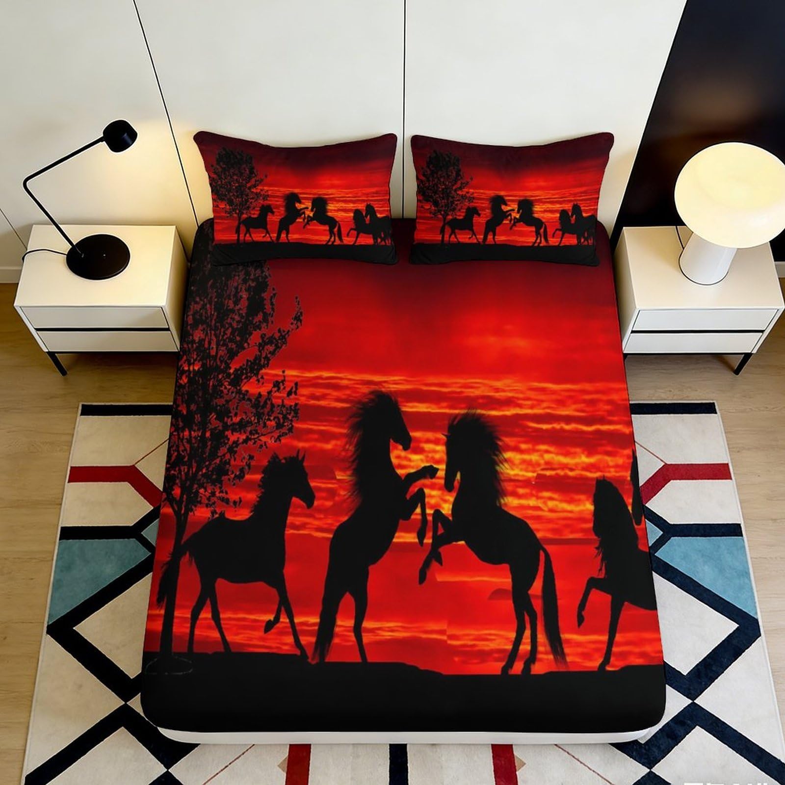3D Printed Horse Silhouette Fitted Sheet Microfiber Soft Breathable Sunset Bed Cover for Bedroom Dormitory Guest Room Mattress Protection Decor 160x200x25cm