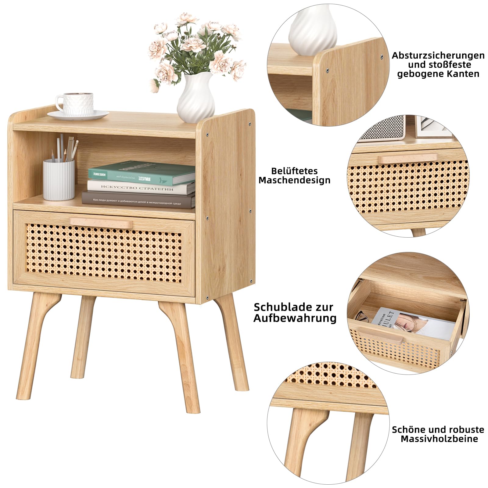 LELELINKY Lot de 2 Tables de Chevet en rotin bohème - Petite Table d'appoint en Bois avec tiroir et étagère Ouverte - Table de Chevet avec Pieds en Bois Massif - pour Salon, Table Basse, Chambre à