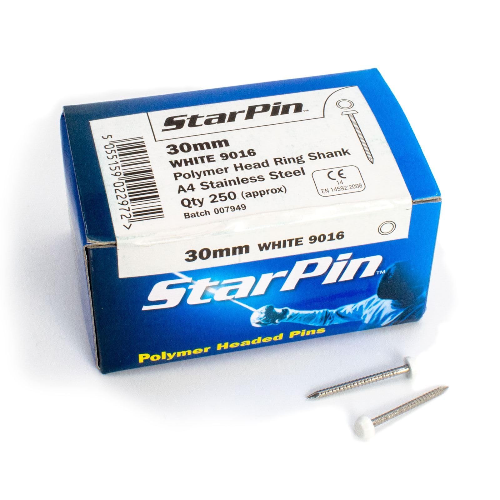 Rapierstar StarPin Polymer Plastic Headed Pins Ring-Shanked - 30mm, White