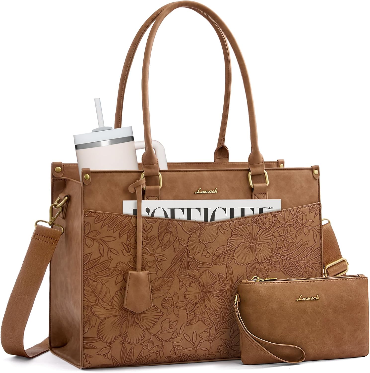 LOVEVOOK Laptop Bag for Women, 2-in-1 Tote Purse with Clutch & Cup Holder, Waterproof Briefcase for Work Travel