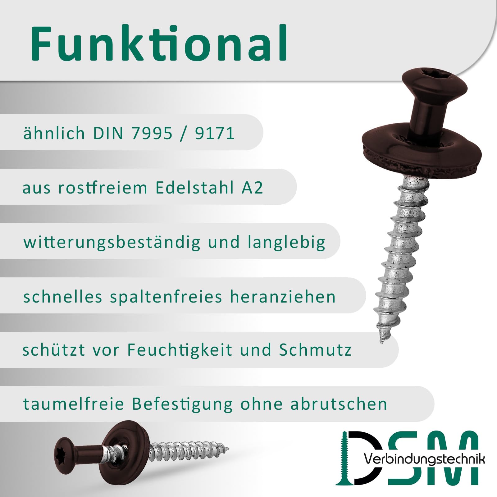 DSM | Zestaw 100 śrub szczelnych brąz sepii 4,5 x 25 mm | Stal szlachetna A2 – Lakier RAL 8014 | Z podkładką uszczelniającą EPDM (15 mm) | Napęd TX | Zgodne z normą DIN 7995 / DIN 9171 |