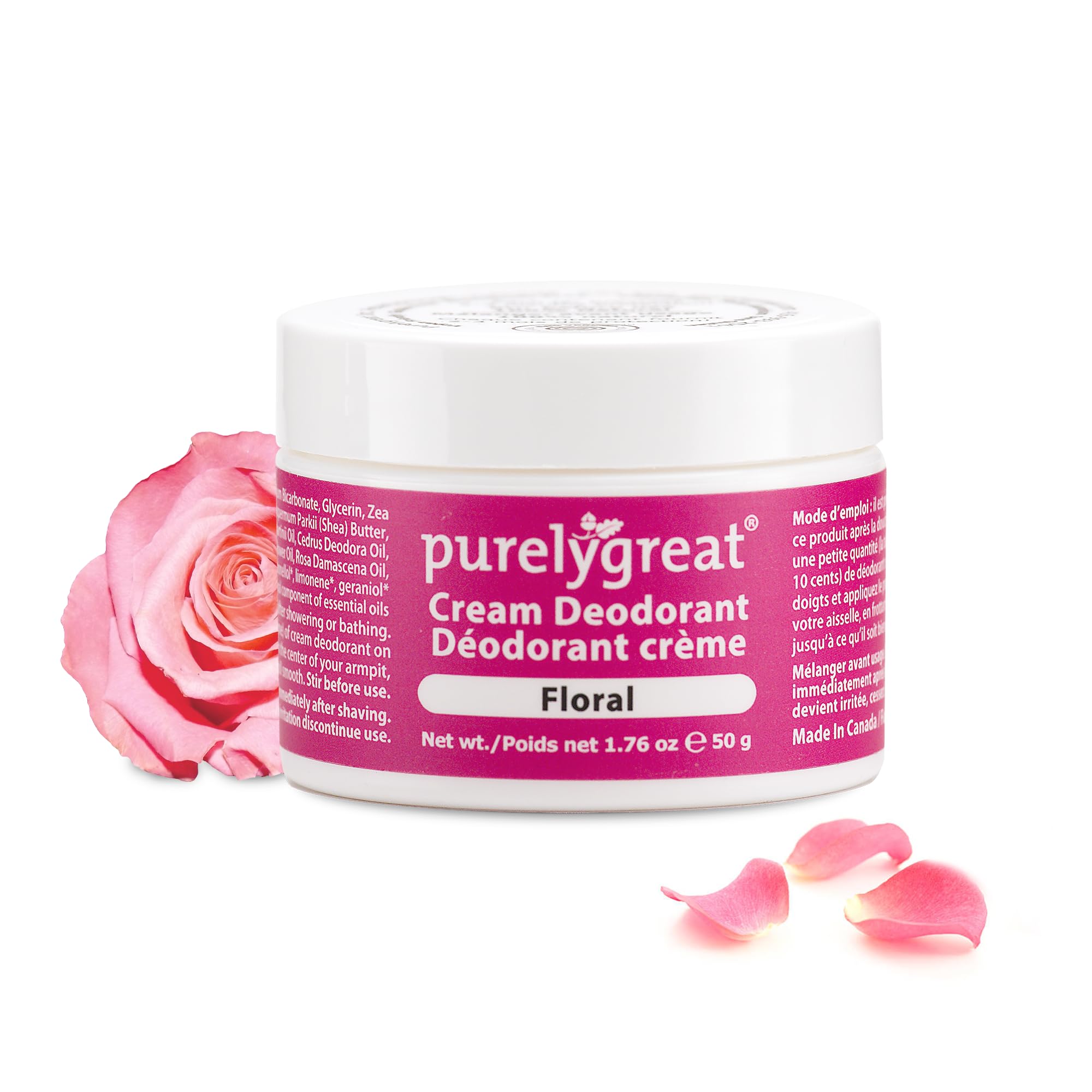 Purelygreat - Floral Scent Cream Deodorant, Chemical-Free Hygiene Essentials for Women, Natural Deodorant for Men with Soda & Corn Starch, No Sticky Residue, Parabens & BPA, 1.76 oz / 50 g
