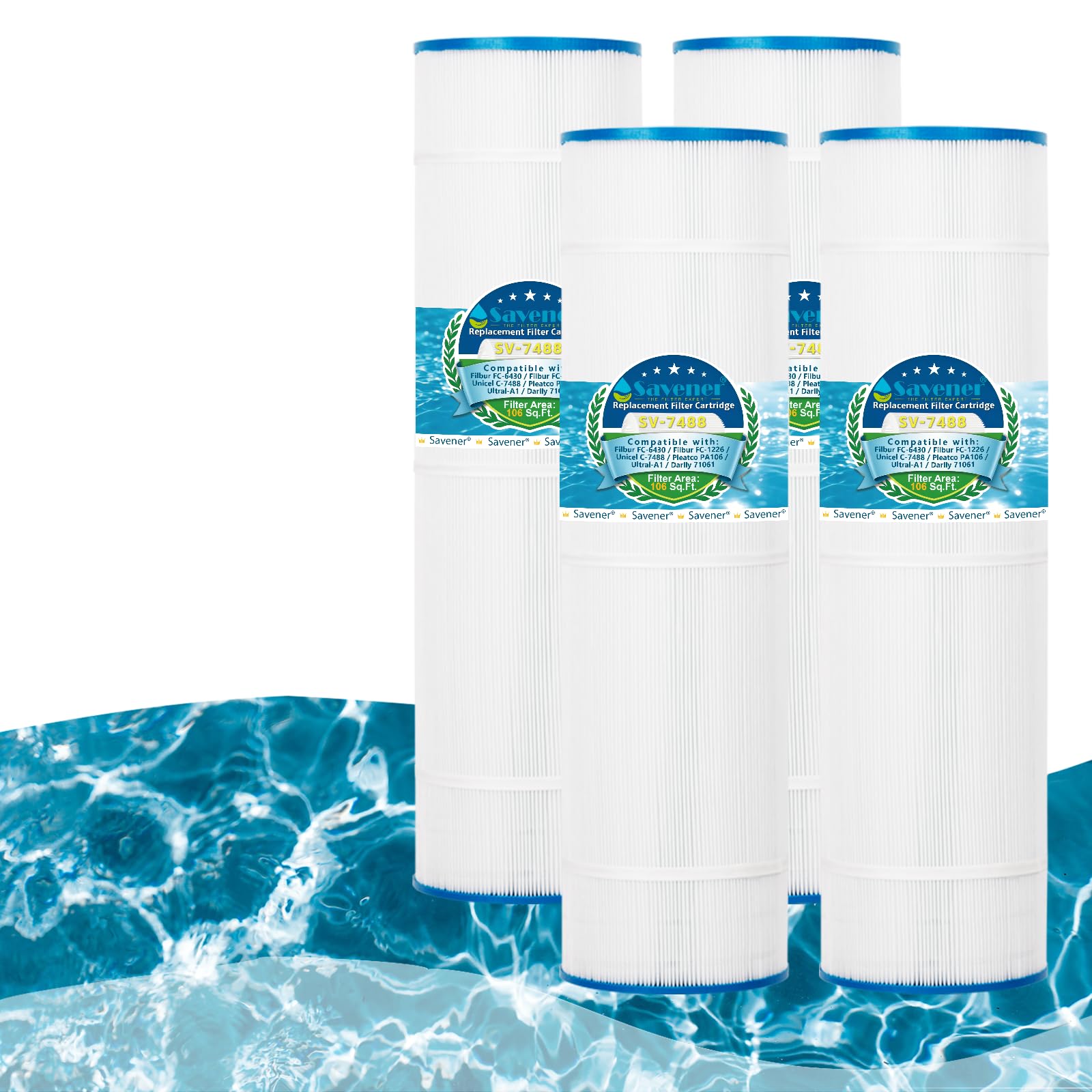 SV-7488 - Cartucho de filtro de repuesto para piscina y spa, sustituye a Unicel C-7488 106Sq.ft FC-1226 PA106 Hayward CX880RE Aladdin 20601 Baleen AK-6045 (4 unidades)