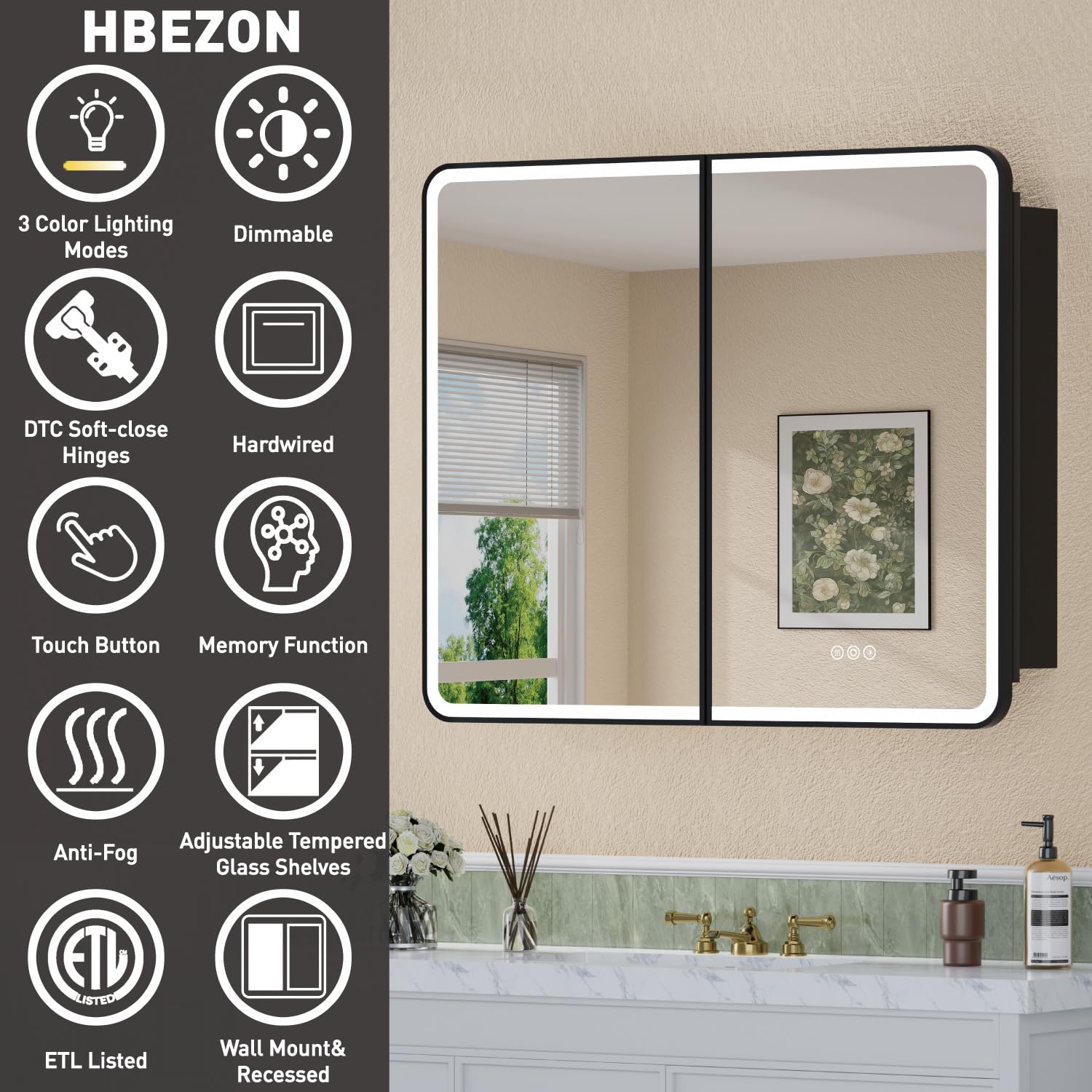 Armoire à pharmacie LED de 81,3 x 76,2 cm avec miroir, certifiée UL, à intensité variable, fonction anti-buée et mémoire, 3 modes de couleur, encastrée ou murale, étagère réglable, noir