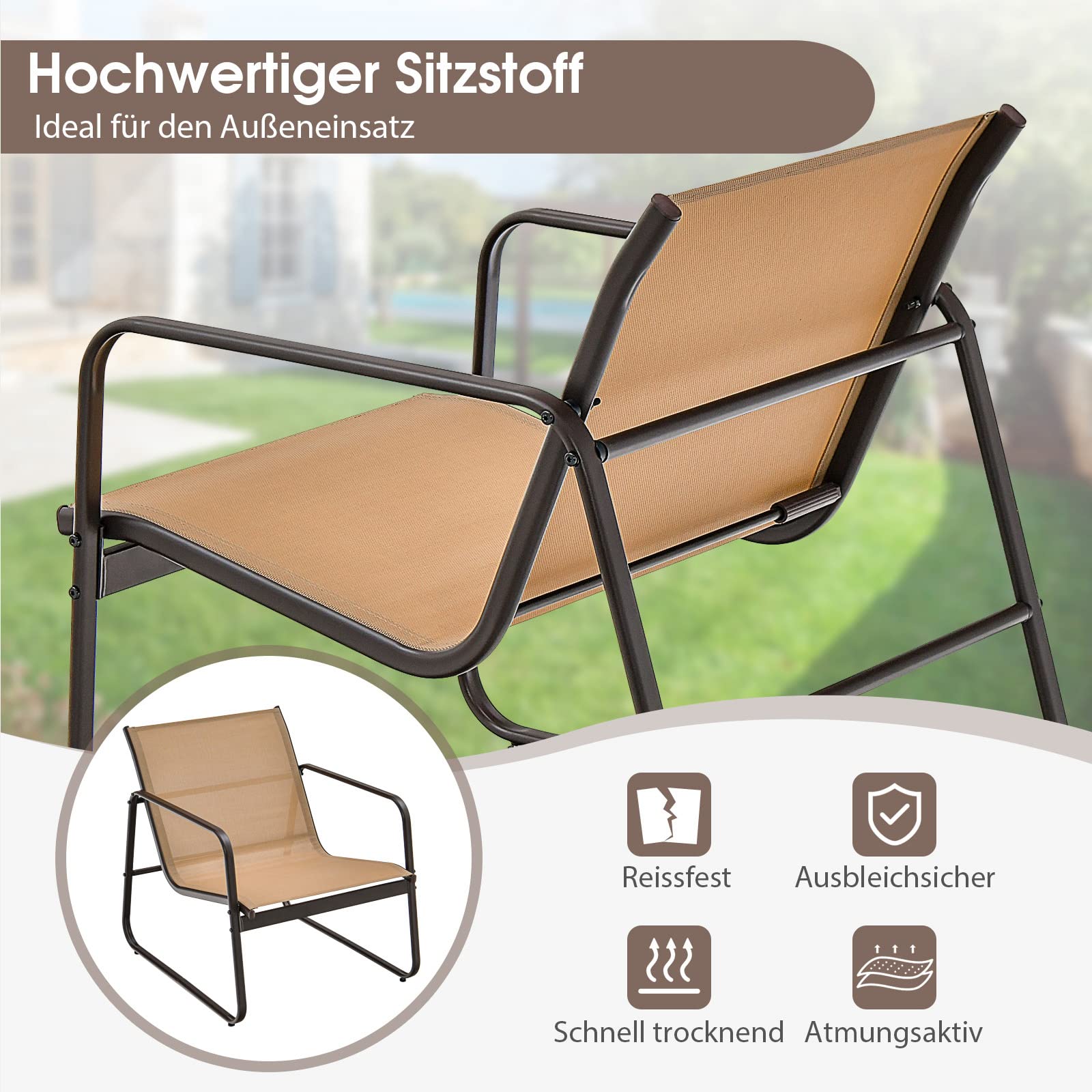 COSTWAY Schaukel-Set Für Garten & Balkon - 3-teilige Sitzgruppe Mit Tisch Und 2 Schaukelstühlen In Braun