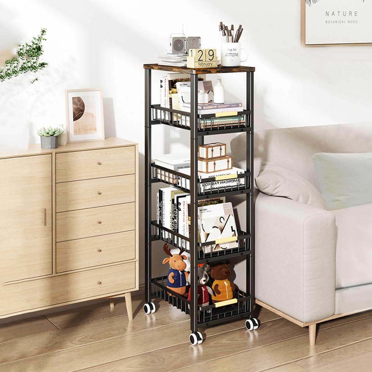 Carrito Auxiliar con Ruedas 5 Niveles – Carro de Cocina o Baño con Cestas Extraíbles, Estantería Metálica Negra, 40x30x107,5 cm, Organizador Multiusos