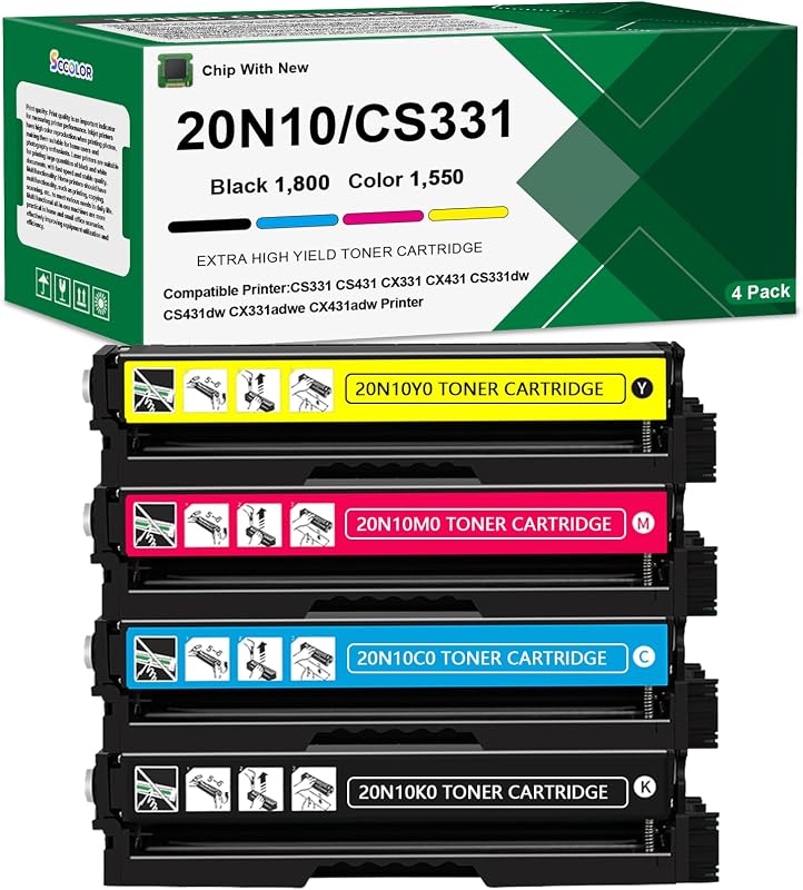 CS431 CX431 CX331 CS331 Toner Cartridge Extra High Yield | Compatible for Lexmark 20N10K0 20N10C0 20N10M0 20N10Y0 Replacement for Lexmark CS331dw CS431dw CX331adwe CX431adw Printer