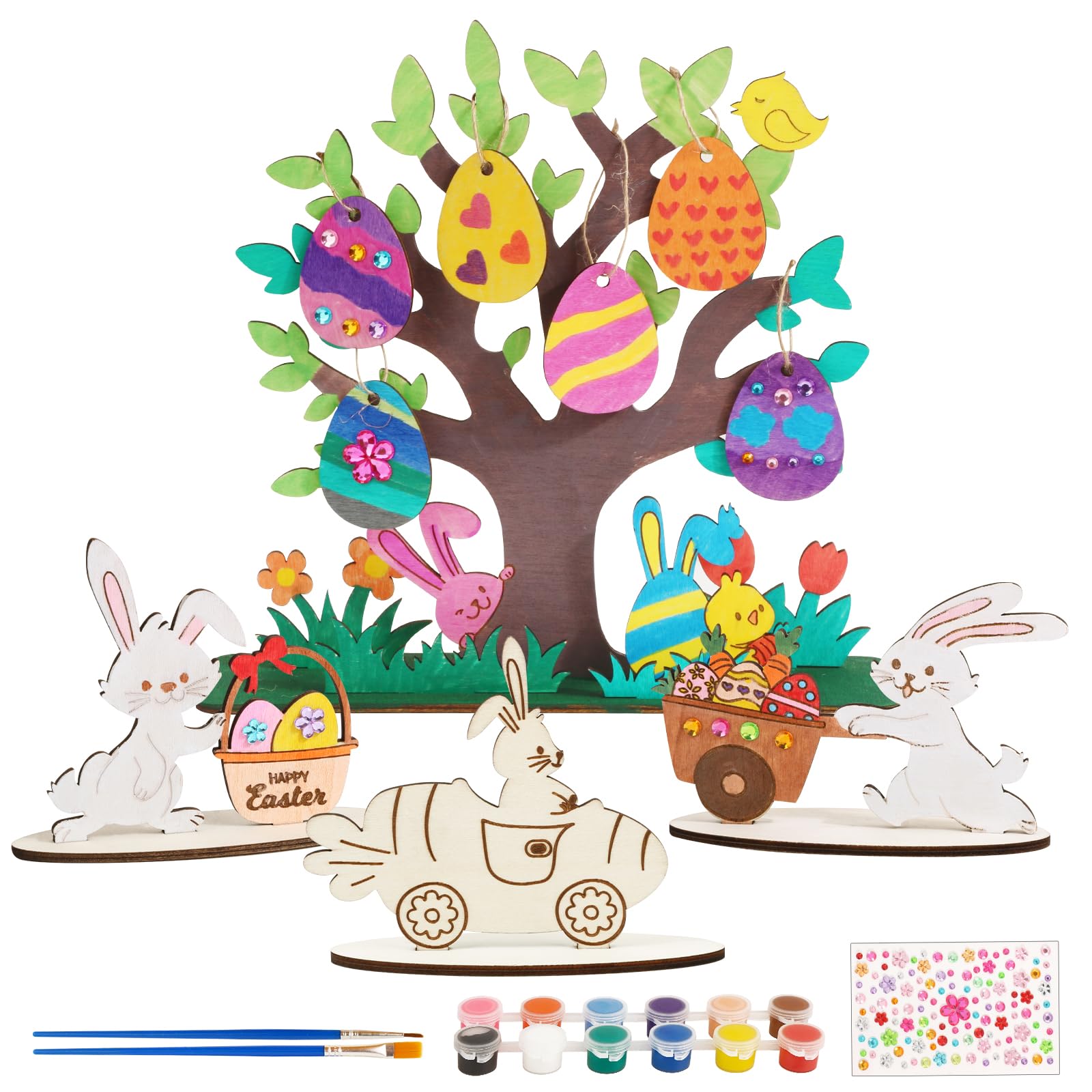 Zaloife Coniglietti in Legno da Dipingere, 10 Pezzi Coniglietto Pasquale, Mini Pompon Colorati, Occhi Finti, Set di Artigianato Primavera per Bambini per Decorazioni di Accessori Artigianali