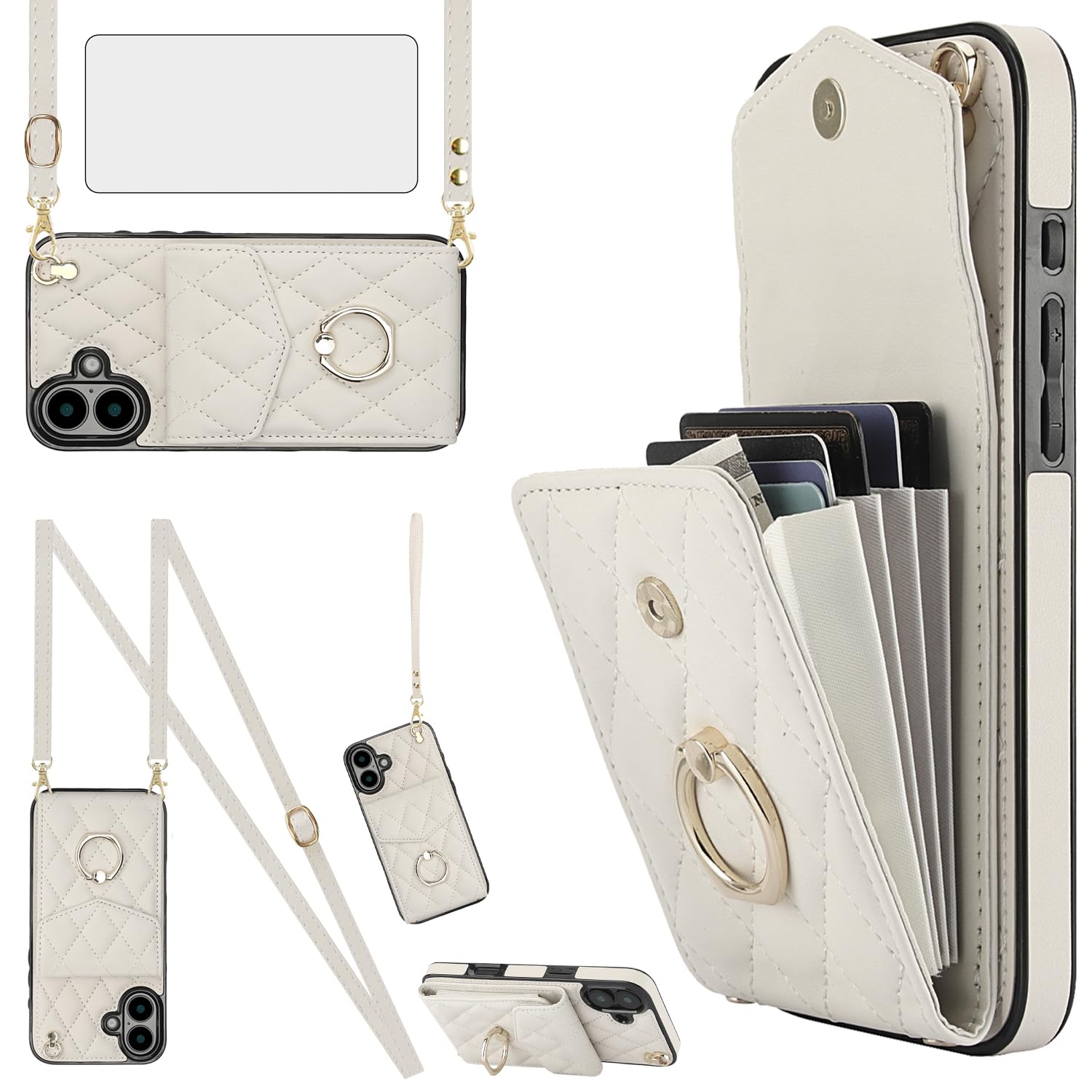 Photo 1 of Asuwish iPhone 16 Wallet Case with Strap and Screen Protector - Off White