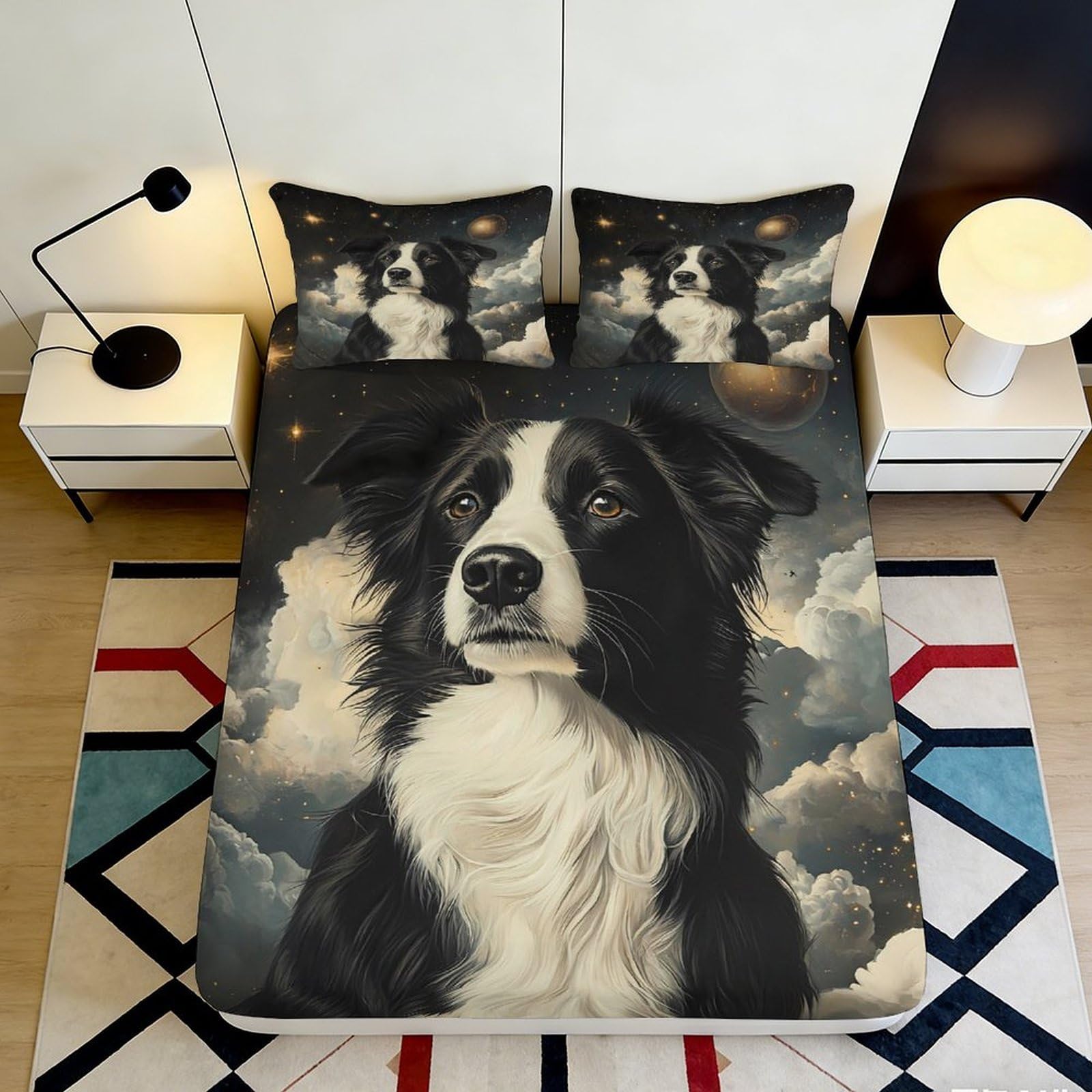 Pnayamiorkfel Style-8 3D Printed Border Collie Starry Night Fitted Sheet Microfiber Anti-Slip Bed Cover For Bedroom Guest Room Decor 90X200x25cm