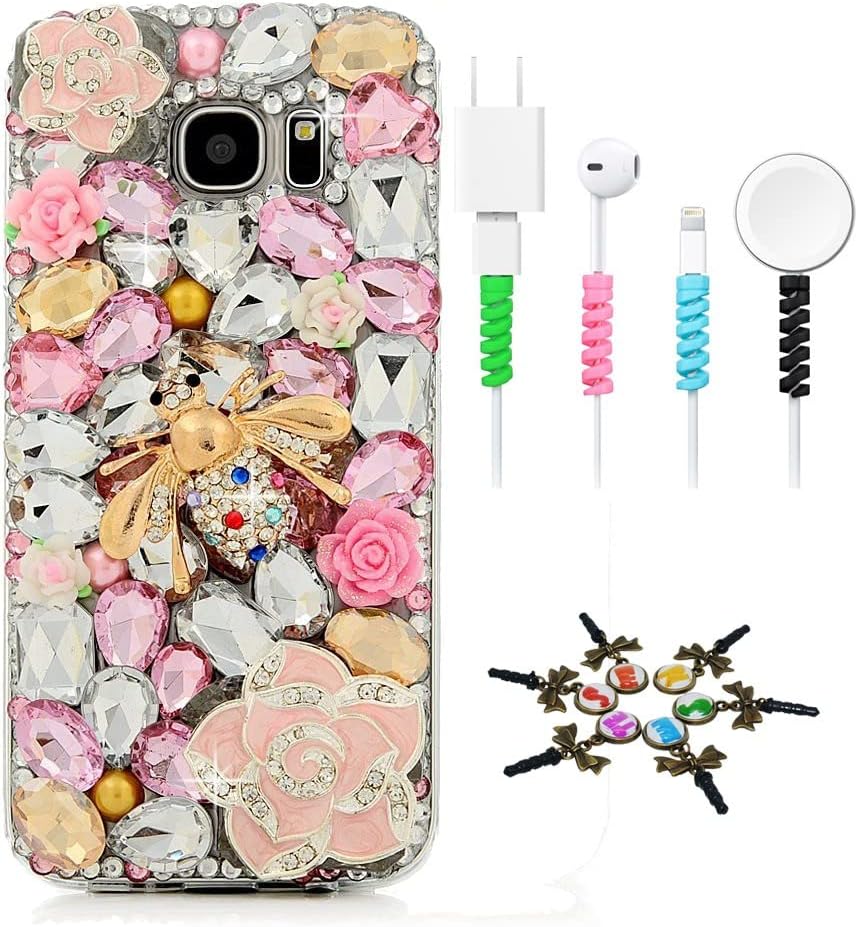 STENES Sparkle Case Compatible with Samsung Galaxy S8 Active - Stylish - 3D Handmade Rainbow Butterfly Pearl Pendant Flowers Design Cover Case with Cable Protector [4 Pack] - Colorful