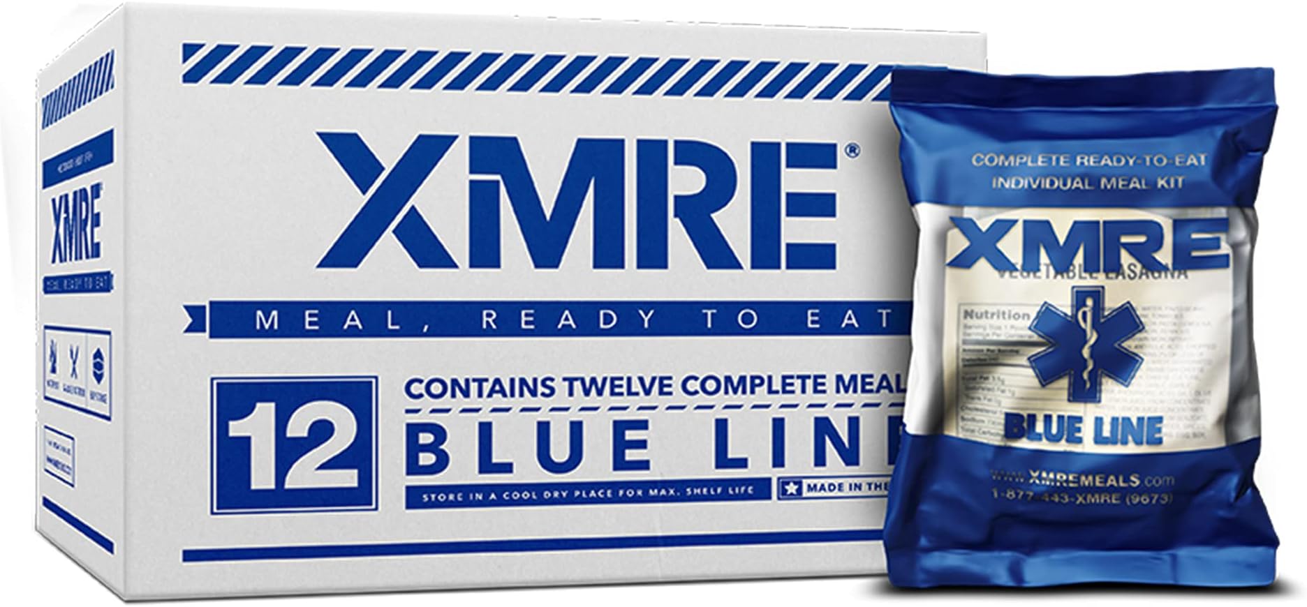 XMRE Blue Line Meals Ready to Eat (MRE) | Military Grade Ration | Extended Shelf Life | No Refrigeration | Law Enforcement, Emergency Food Supply & Outdoor Enthusiasts | 12 Meals | 6 Menus | USA Made