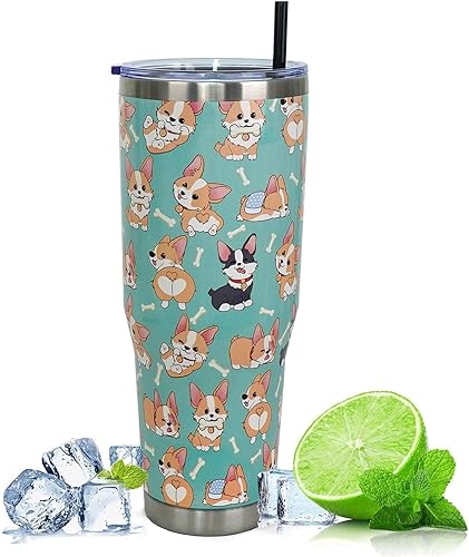 Miniatura 2 de Vaso de 40 onzas con asa y pajita, botella de agua Corgi Stuff de acero inoxidable con aislamiento de Corgi, taza de viaje de café Corgi, regalos
