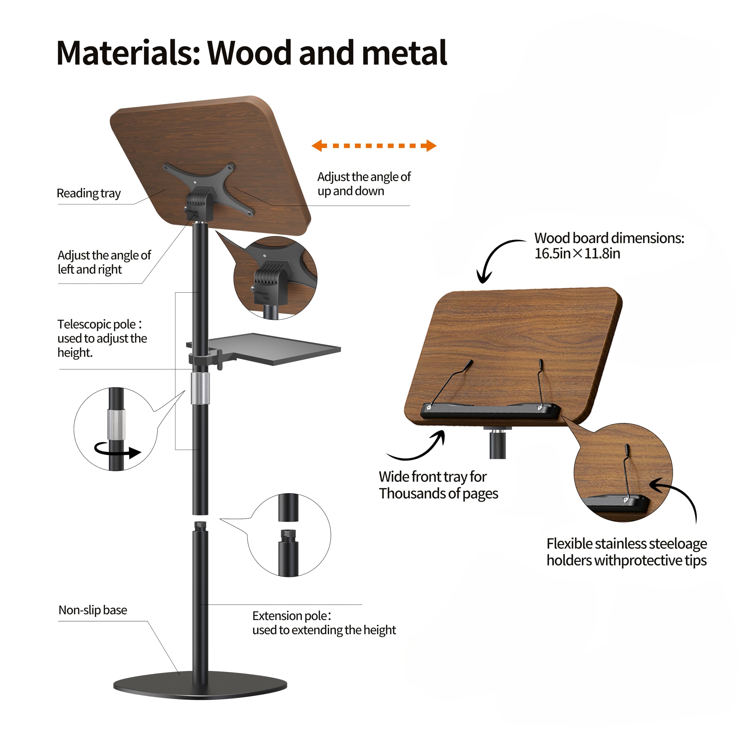 NAMON Atril portátil de madera, altura ajustable (16.5-51 pulgadas) y ángulo (180°), incluye bandeja + soporte para teléfono + clips de página, perfecto para profesores, conferenciantes, serpentinas