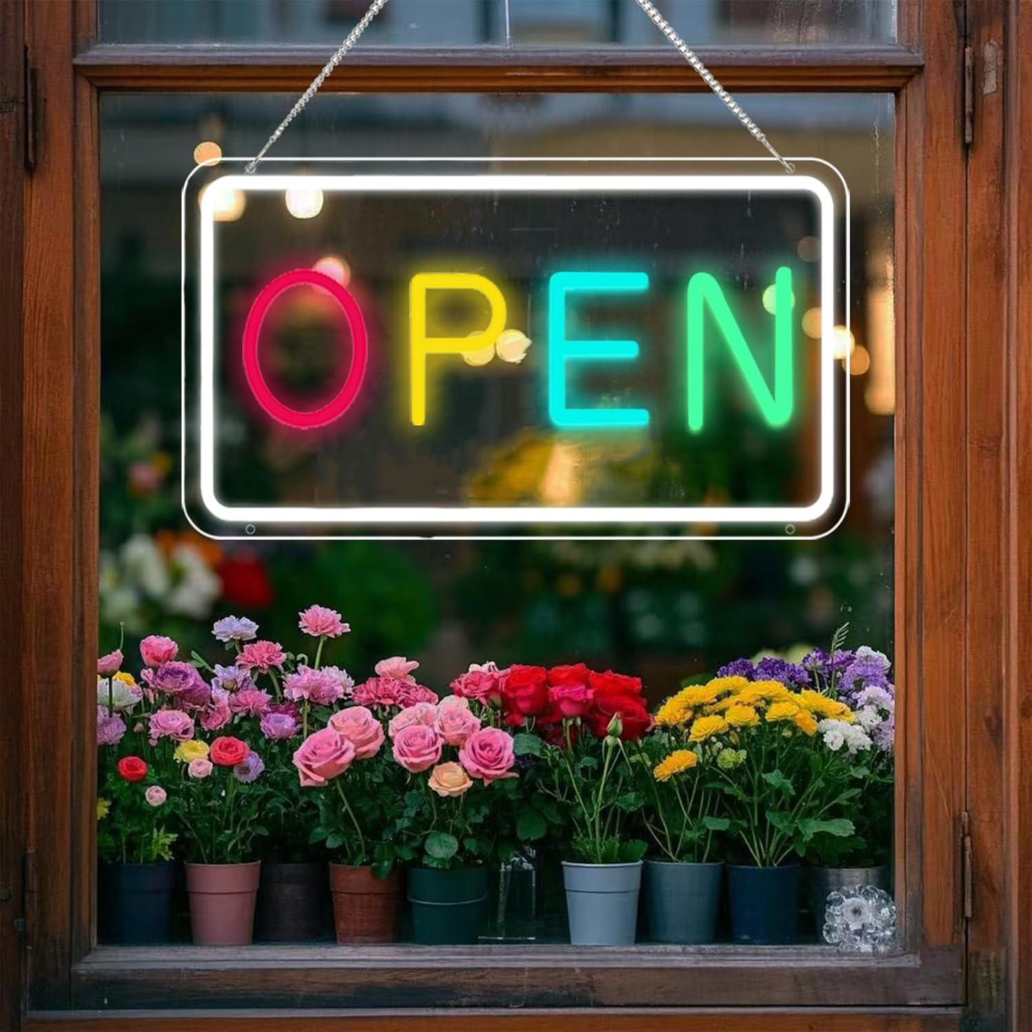 Neon Open Sign for Business,Adjustable Brightness Open Sign with ON/OFF Switch for Stores,Coffee Shop,Flower shop,Hotel,Bars,Window etc,16x9in,Purple,Yellow,Blue,Green(Outside Edge Cool White)