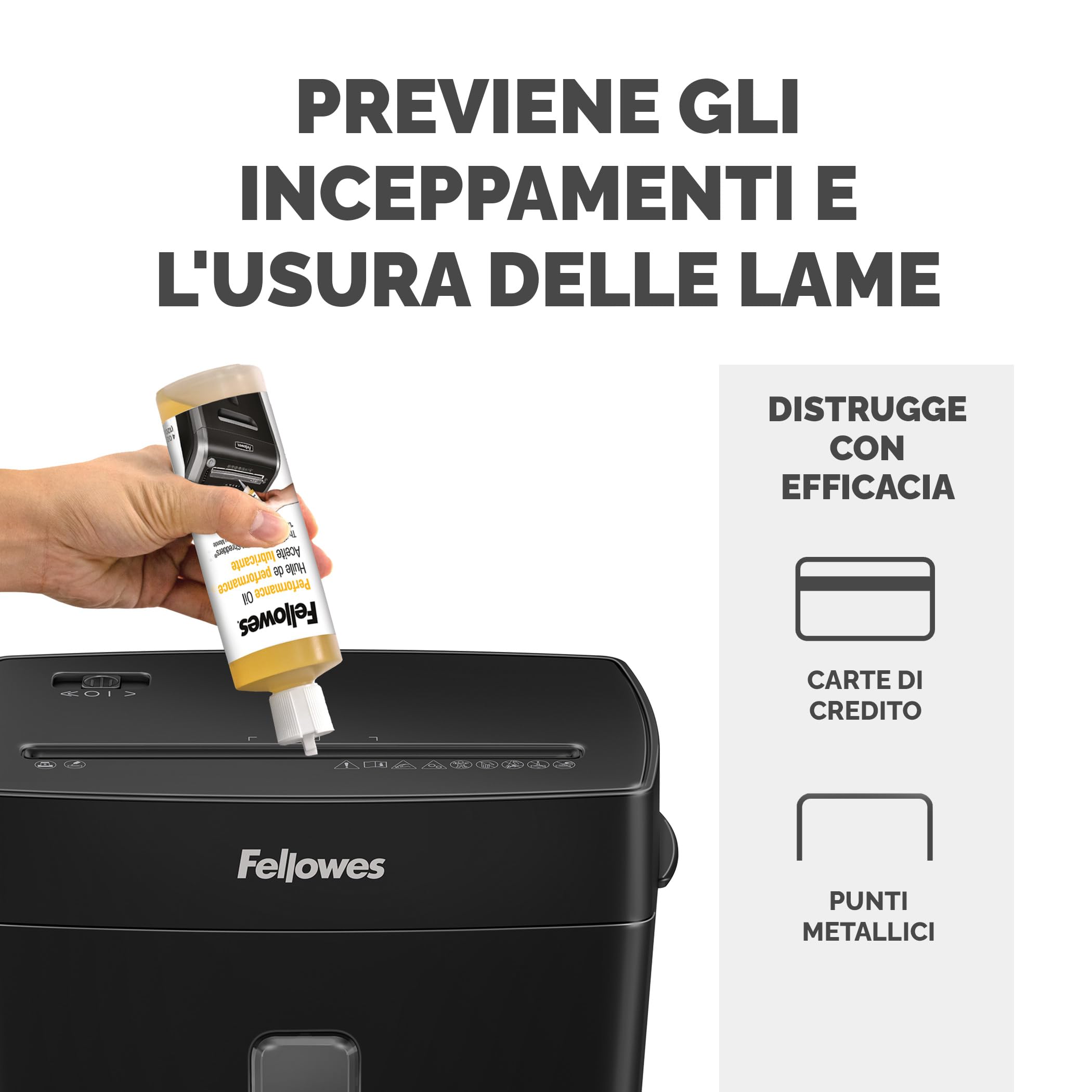 Fellowes Distruggi documenti a frammento FS-8C, 8 fogli, per casa e piccolo ufficio, nero [ESCLUSIVA AMAZON] + Olio per Distruggi Documenti, 120ml - Olio Lubrificante con Beccuccio