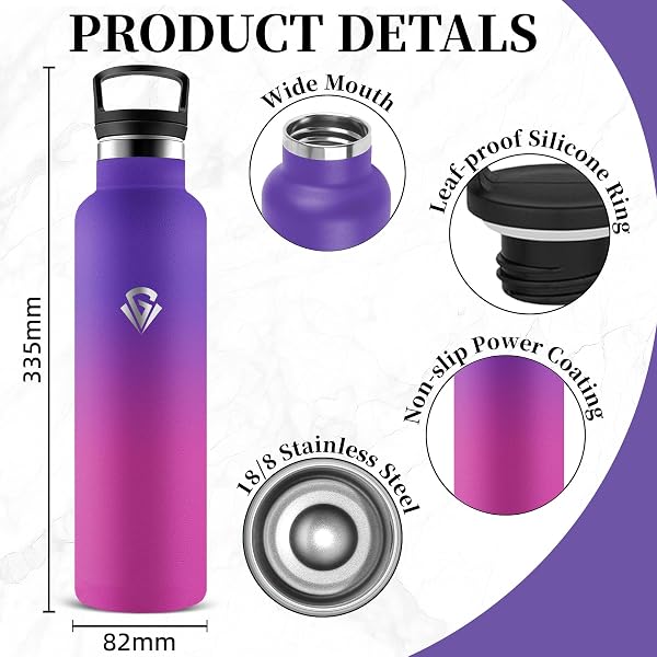 Mujigaga Botella Agua Acero Inoxidable, Botella Termica 1 litro con Pajita, Cantimplora Termica con 2 Tapones, Prueba de Fugas Botella Agua Gimnasio para Cámping, Senderismo, Deporte - 2