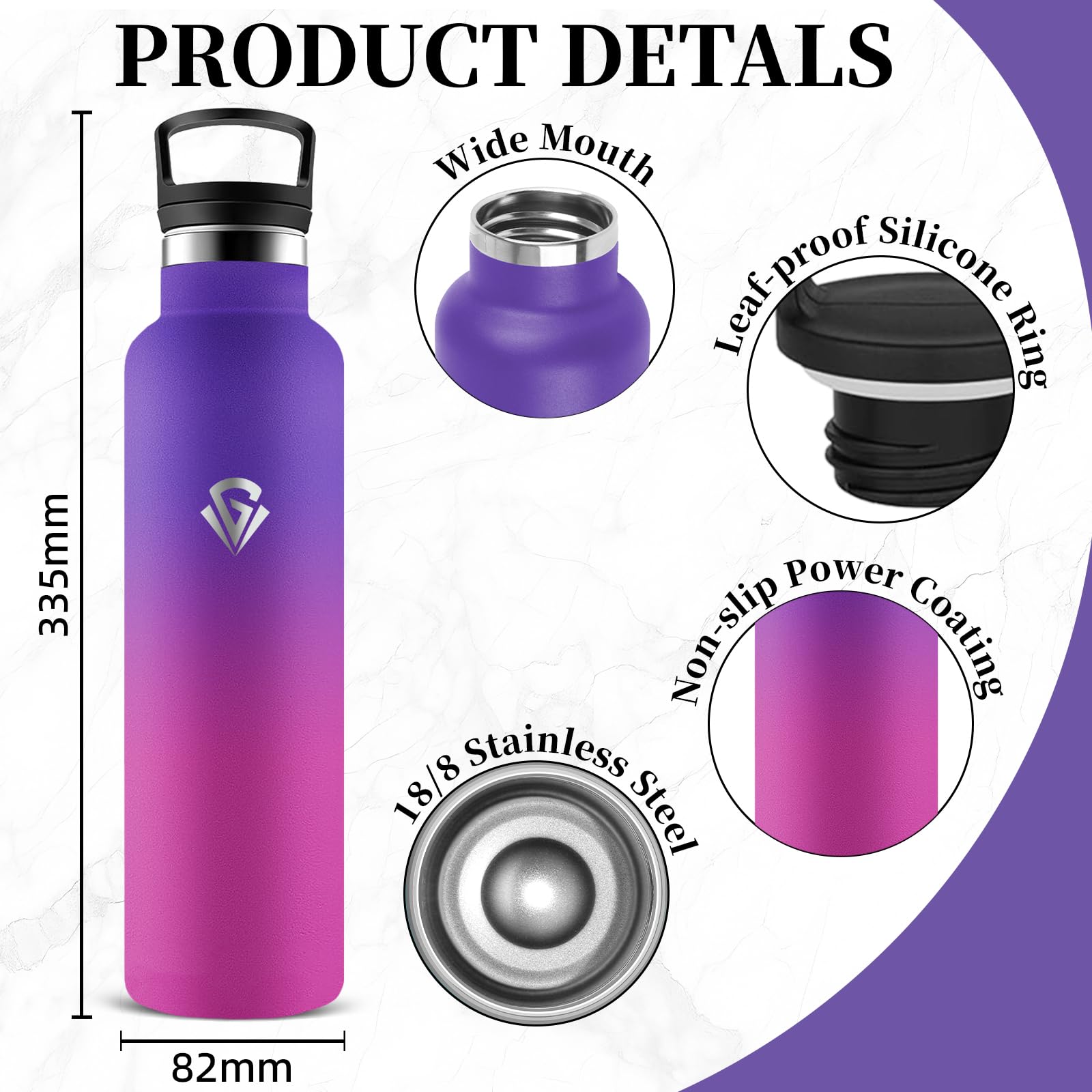 Botella Agua Acero Inoxidable, Botella Termica 1 litro con Pajita, Cantimplora Termica con 2 Tapones, Prueba de Fugas Botella Agua Gimnasio para Cámping, Senderismo, Deporte - 3