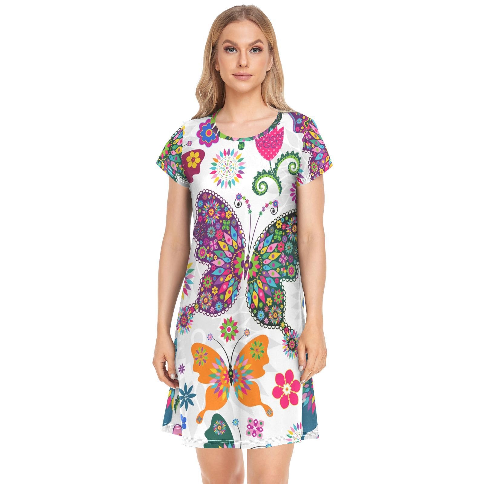 YOUJUNER Women's Nightdress Floral Butterfly Nighties Nightgown Short Sleeve Nightshirt Sleepwear Loungewear T-Shirt Dress