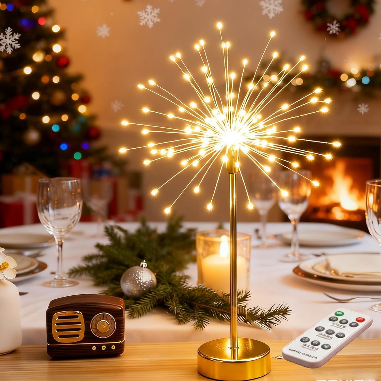 Nest and Flowers Table Lights, Mini Table Starburst Lights, 13.8in USB Battery Warm White Decorative Fairy Tree Light, Dandelion Gold LED Light for Christmas Party Indoor Decor Gift (2, Warm White)