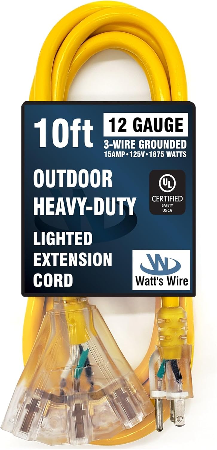 10 ft Outdoor Extension Cord Waterproof - 12 Gauge Heavy Duty Extension Cord Splitter Outdoor 10 ft - Lighted Outdoor Extension Cords with Multiple Outlets - Watts Wire - 10' Grounded