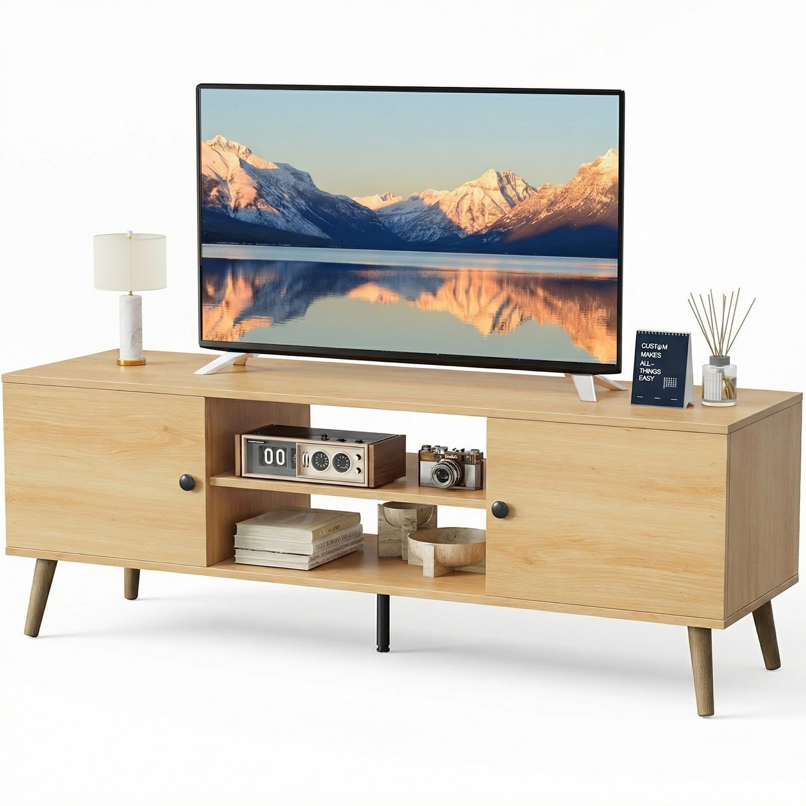 Photo 1 of [Item is a partial set] Sweetcrispy TV Stand for 55 60 inch TV, Modern Mid Century Entertainment Center with Storage, Media Console Table 2 Cabinet, Soft Hinge, Handle Door, Wooden Living Room, Office Furniture, Oak