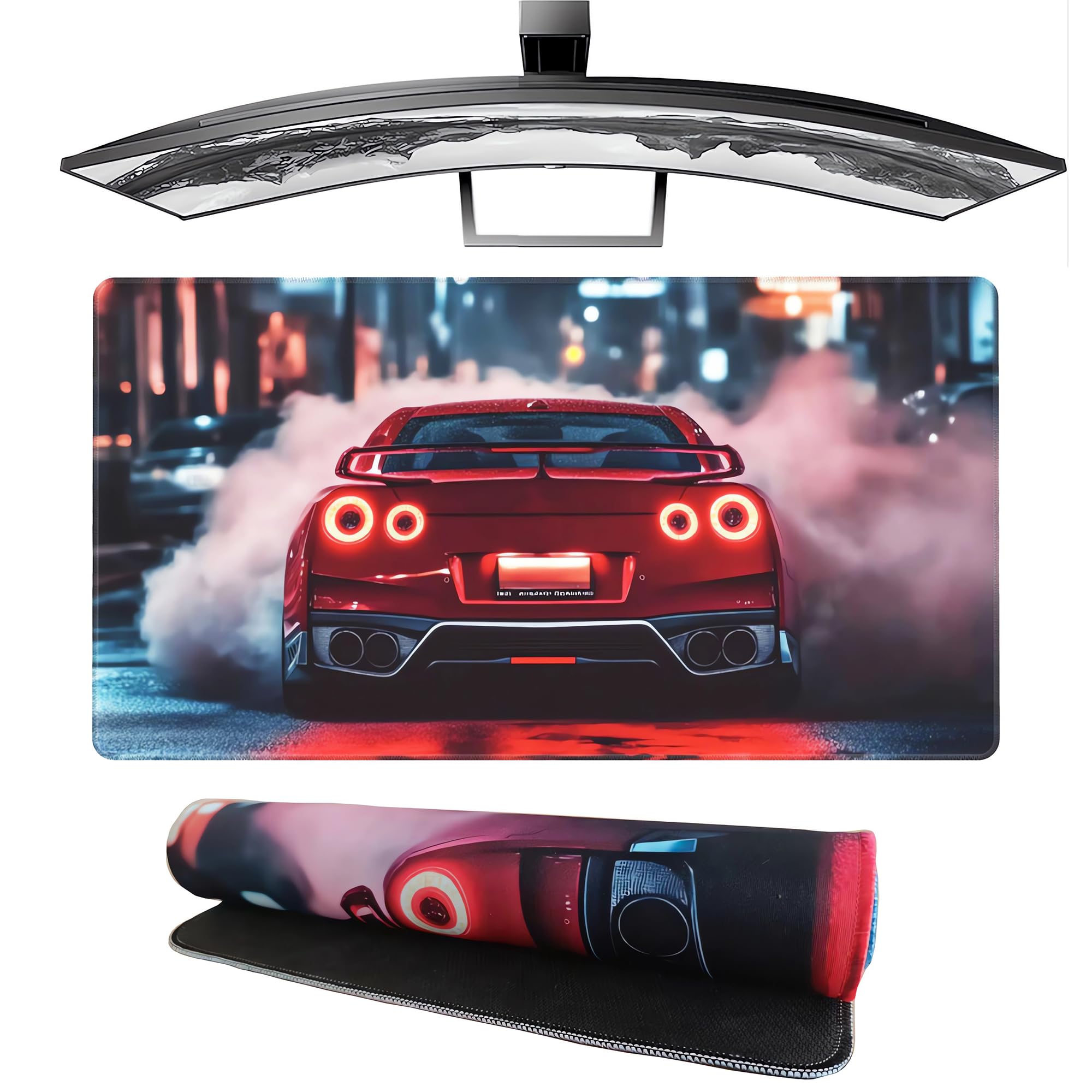 ANMOGID Gaming Mouse Pad, JDM R34 Car Mouse Pad, Red Smoke City Desk Mat, Extended 23.6" x 11.8" for Office Home, Non-Slip Rubber Keyboard Mat Decor, Computer Accessories Office Organizers Supplies