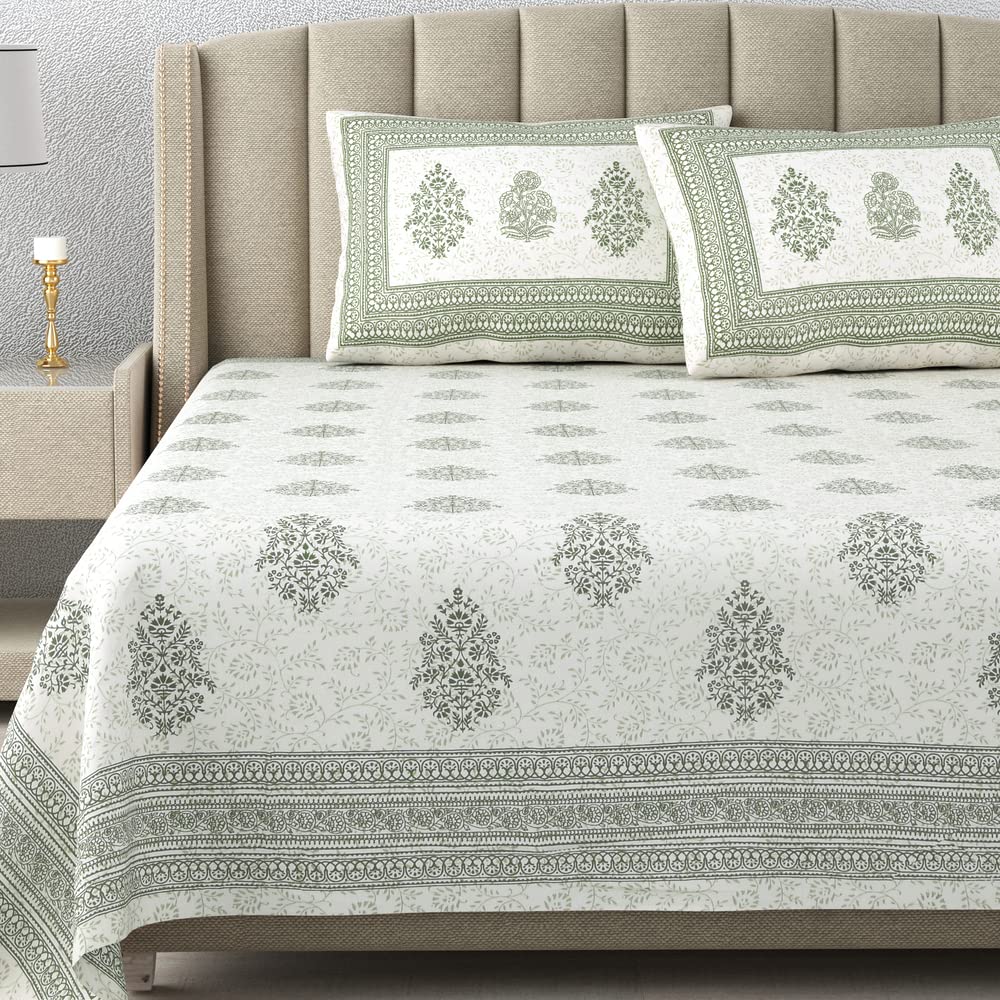 DE CAMA Since 1997 | 100% Cotton 300 TC Premium King Size Bedsheet for Double Bed (90 x 108 Inch) with 2 Pillow Covers Set (17 x 27 Inch) Designer Printed Bedsheet Set - Green-image-7