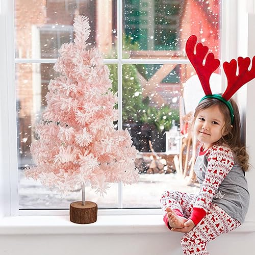 Miniatura 5 de CCINEE Árbol de Navidad artificial rosa, mini árbol de Navidad rosa de 2 pies con escarcha de nieve flocada y soporte de plástico para porche, mesa