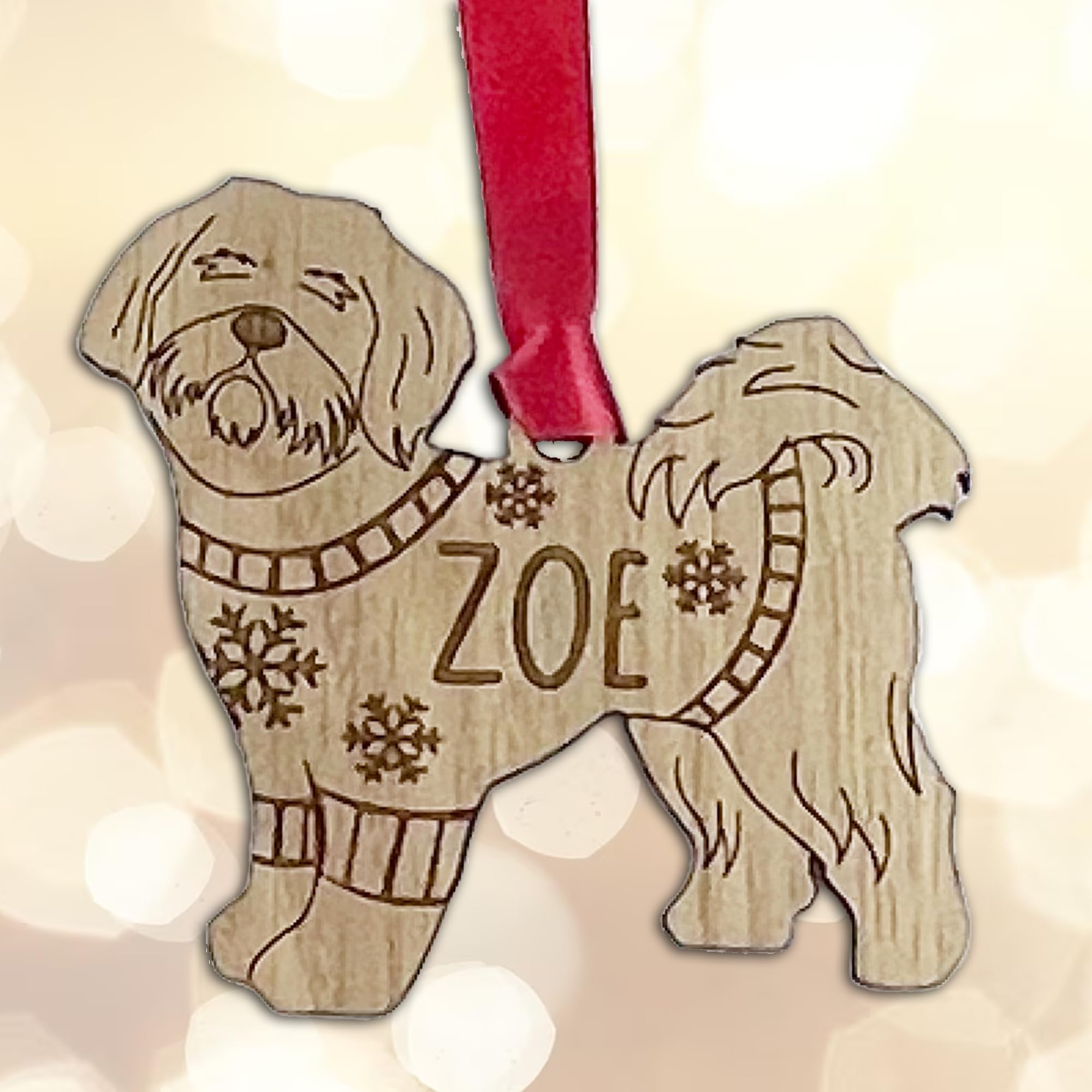Personalised Shih Tzu Dog Christmas Tree Bauble Decoration, Wearing a Dog Jumper Design with Snowflakes, Customised Puppy Hanging Ornament, Oak Veneer Wood with Red Ribbon