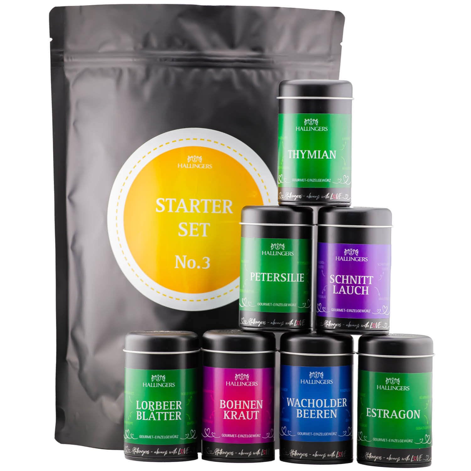 Hallingers Genuss Manufaktur Gewürz Geschenk-Set - Selektion unserer Besteller als Probierset in edlen Aromadosen & Tragetasche "Starter Set No. 3", Geschenkidee für Frauen Männer