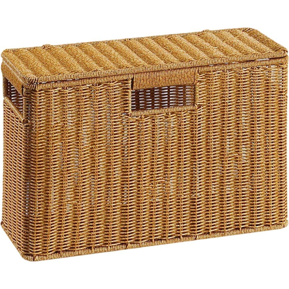 Sslvya Handwoven Storage Basket with Lid, Rectangular Narrow Baskets for Bathroom, Farmhouse Storage Bin Decorative Organizer for Countertop Shelves