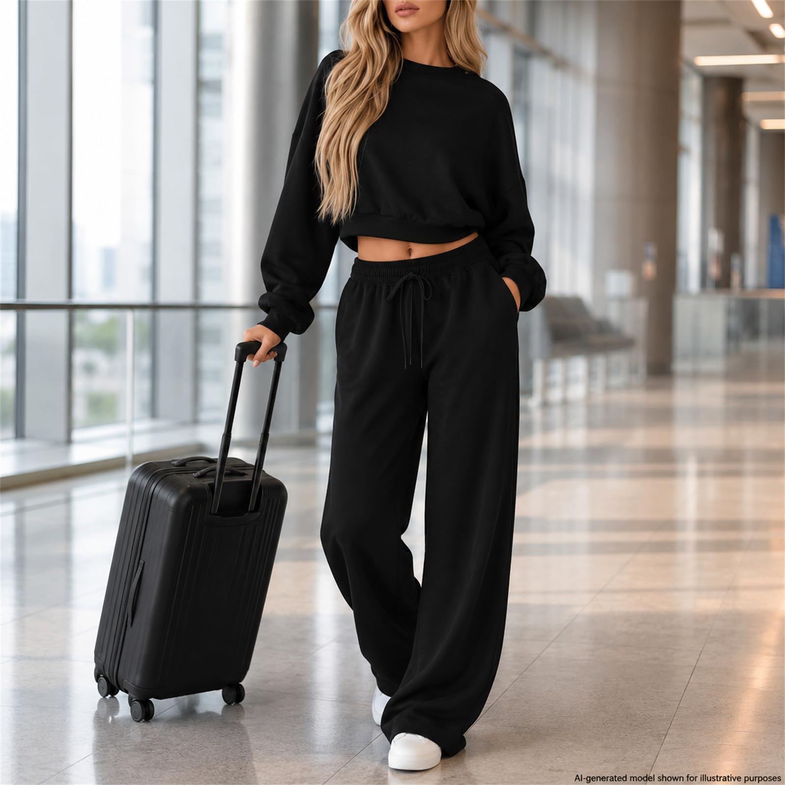 Damski zestaw 2 sztuk bluza Crop Pulower Luźne szerokie spodnie | Wygodny zestaw z krótką bluzą i szerokimi spodniami, idealny do podróży, relaksu i swobodnego stylu