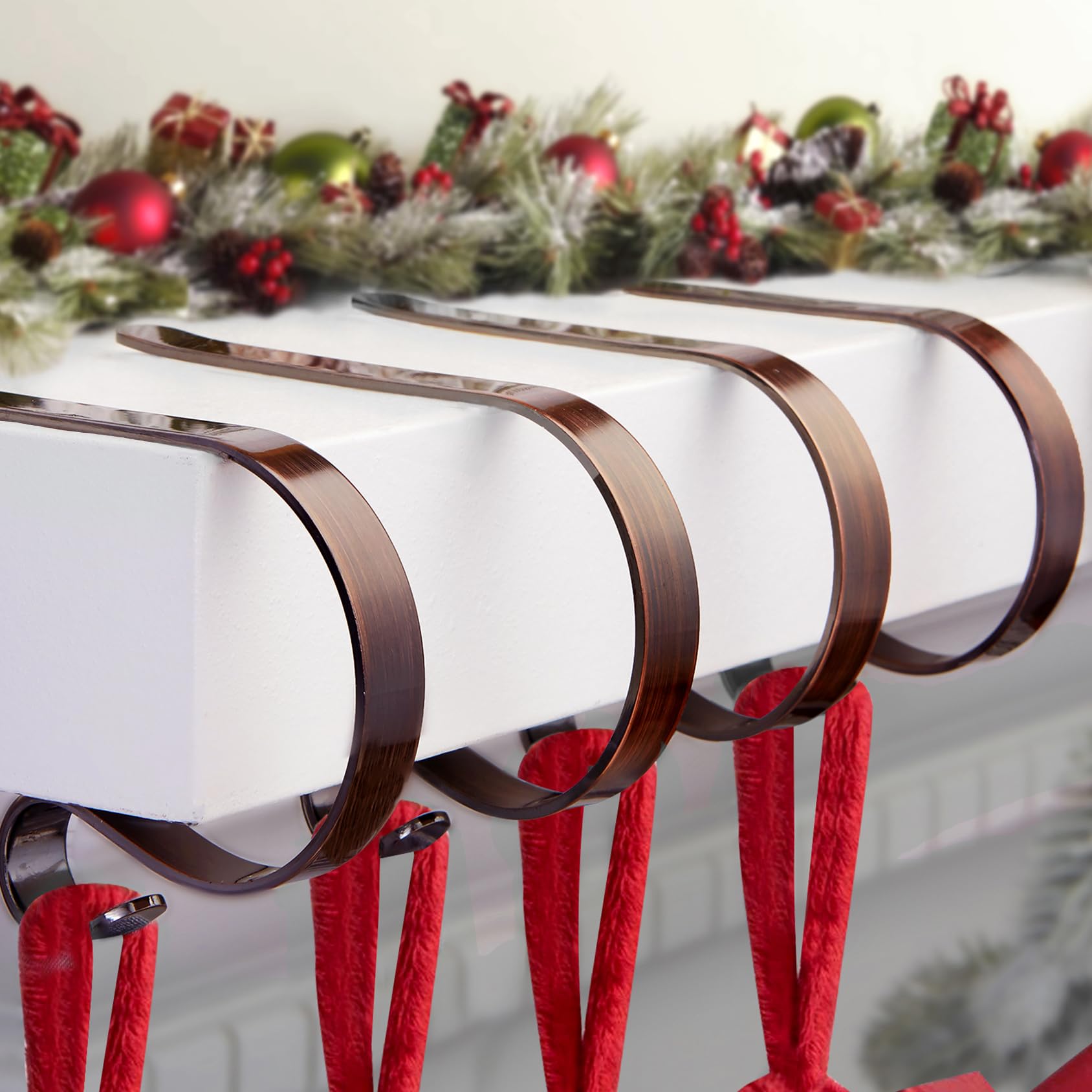 FINMOR Christmas Stocking Holders for Mantle Set 4,Lightweight Stocking Holder No-Slip Stocking Hangers for Mantel Fireplace,Adjustable Mantel Stocking Hooks