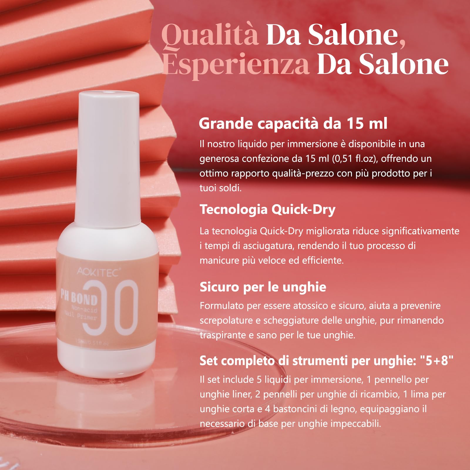 Aokitec 13PCS Dip Powder Liquid Set, Adesivo più Forte, PH Bond/Dip Activator/Base/Glossy Top Coat/Brush Saver con Pennello per Liner in Polvere per Unghie Strumento per Unghie per Dip Powder Nail Kit