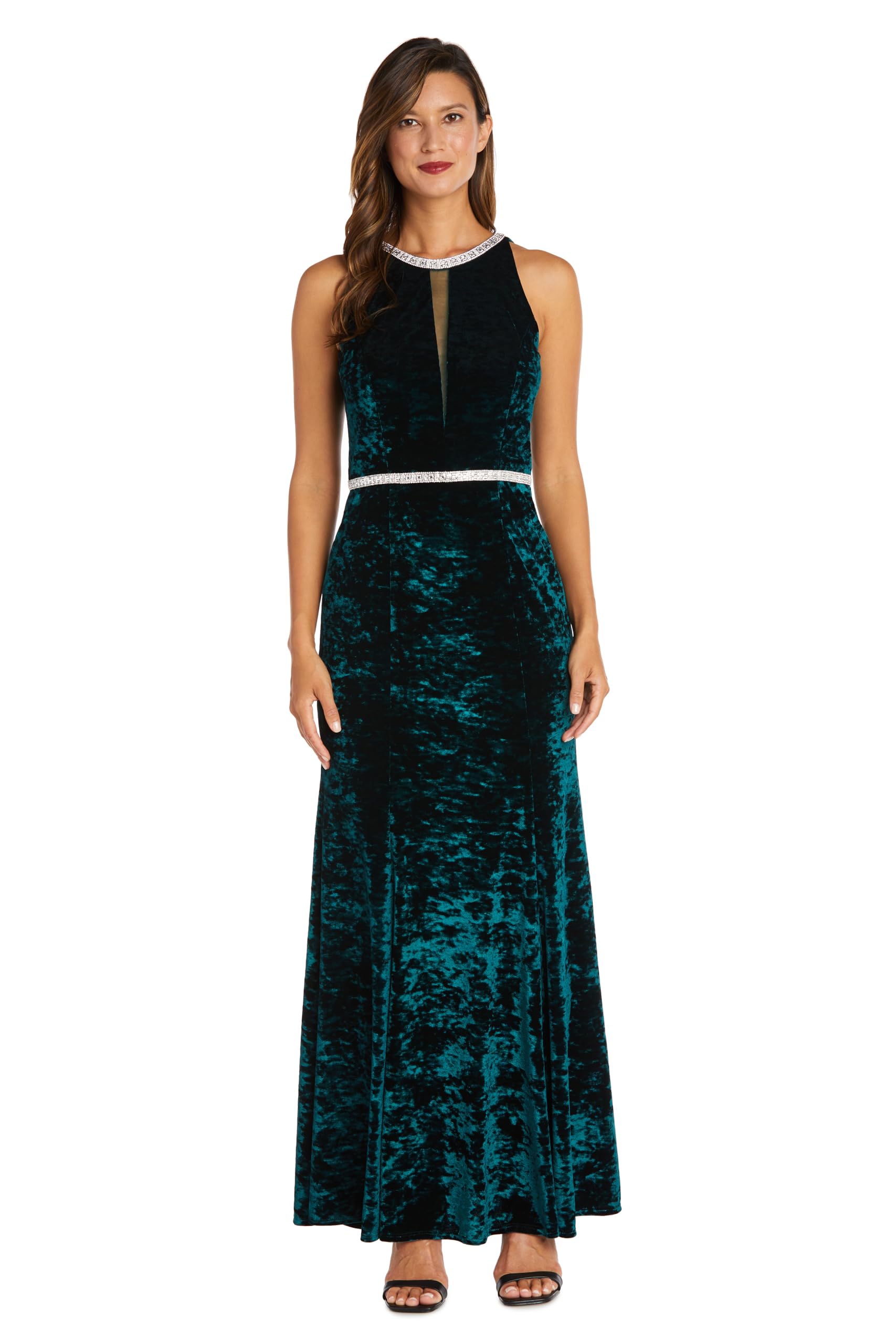 R&M Richards Women's Long Ice Velvet Dress W/Elegant Neck Waist Detail & Slit