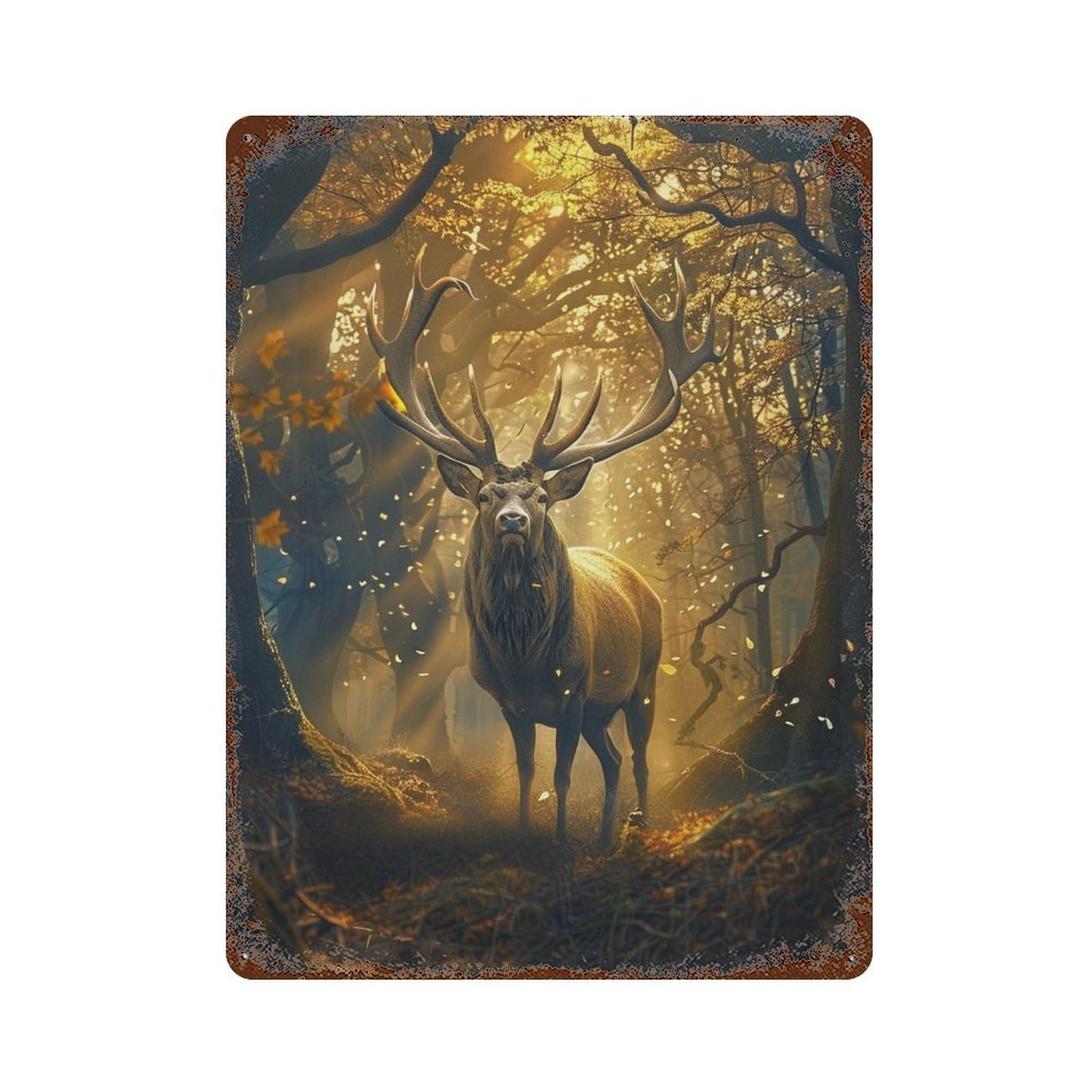 Rust Effect Golden Forest Stag Rustic Tin Plaque 15.7"x11.8", Industrial Home Decor for Bistro, Counter And Cafe Decor