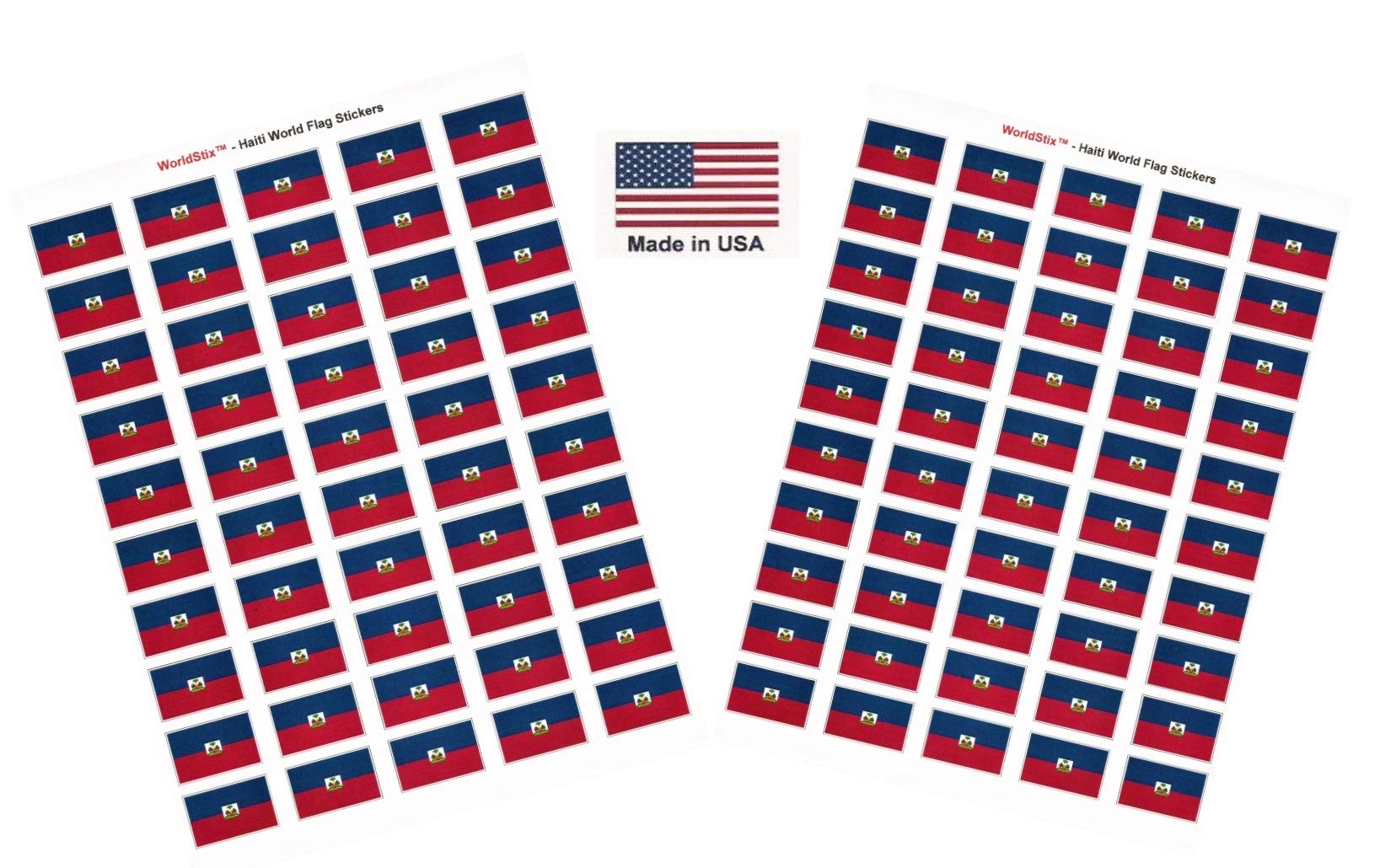 Made in USA! 100 Country Flag 1.5" x 1" Self Adhesive World Flag Scrapbook Stickers, Two Sheets of 50, 100 International Sticker Decal Flags Total (Haiti)