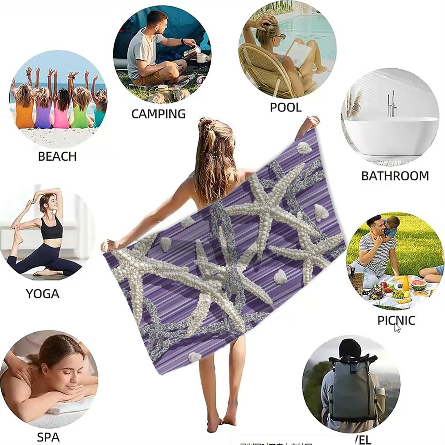 Ręcznik plażowy rozgwiazda ręczniki plażowe dla dorosłych 90 x 180 cm fioletowy ręcznik z mikrofibry ręcznik kąpielowy bez piasku, chłonny szybkoschnący lekkie akcesoria plażowe do pływania, wakacji